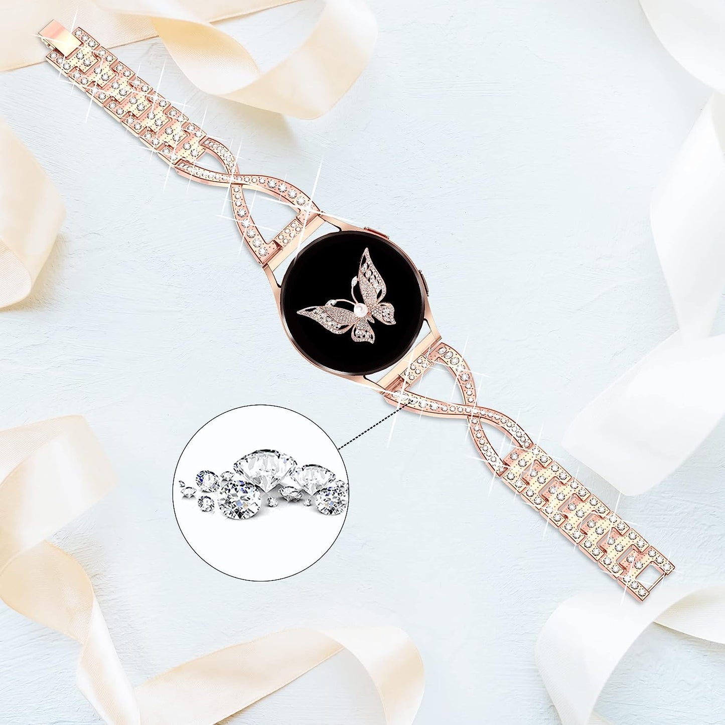 20Mm Bling Band Compatible for Samsung Galaxy Watch 4 40Mm 44Mm, Watch 5 40Mm 44Mm, Galaxy Watch 4 Classic 42Mm 46Mm, Active 2 40Mm 44Mm, Watch 42Mm, Watch 5 Pro, Watch 3 41Mm Rhinestone Band OULRAEFS Adjustable Women Bracelet Wristband Strap  OULRAEFS   