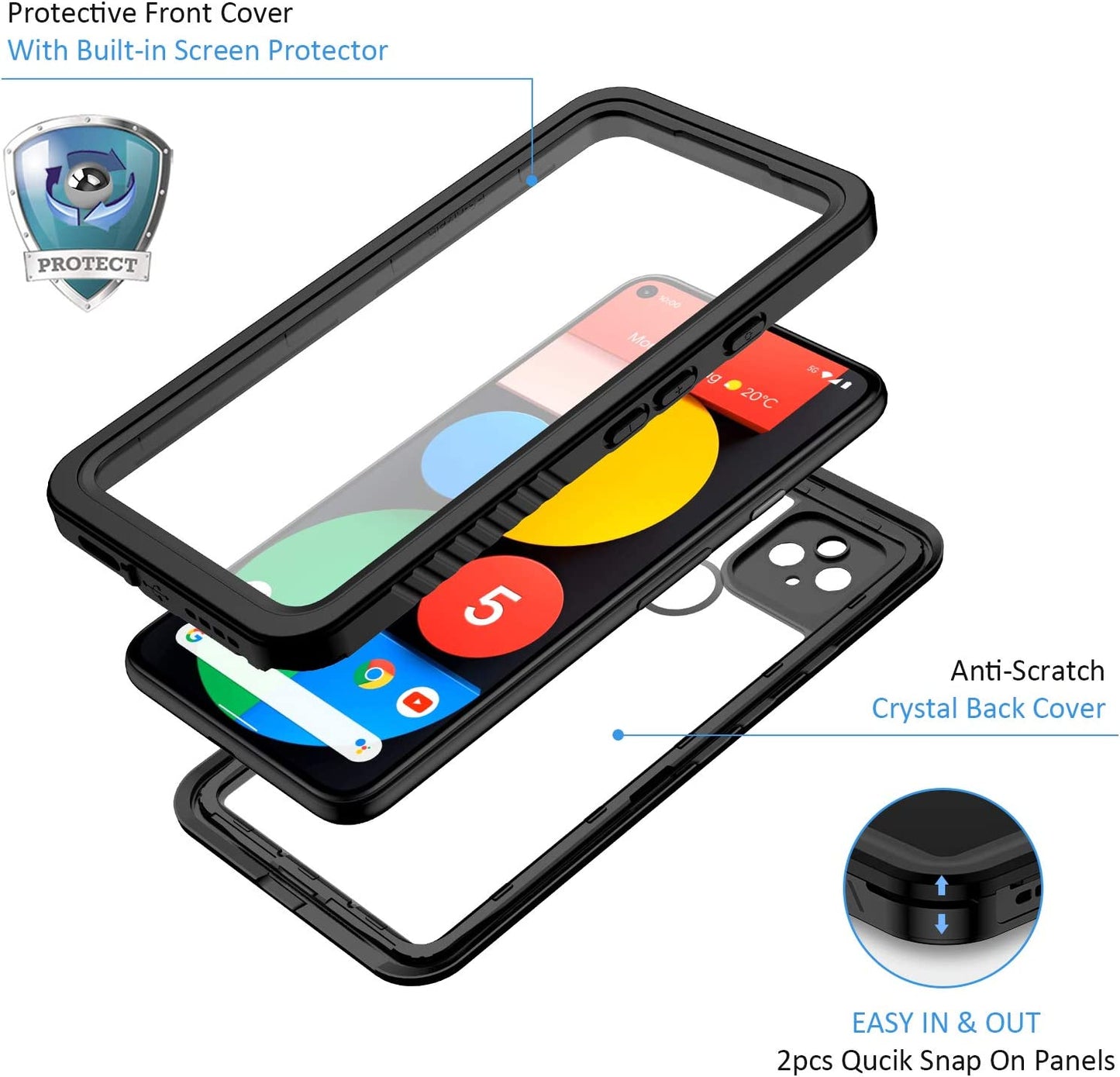 Lanhiem Pixel 5 Case, IP68 Waterproof Dustproof Shockproof Case with Built-In Screen Protector, Full Body Underwater Protective Cover for Google Pixel 5 (2020), Black/Clear  Lanhiem   