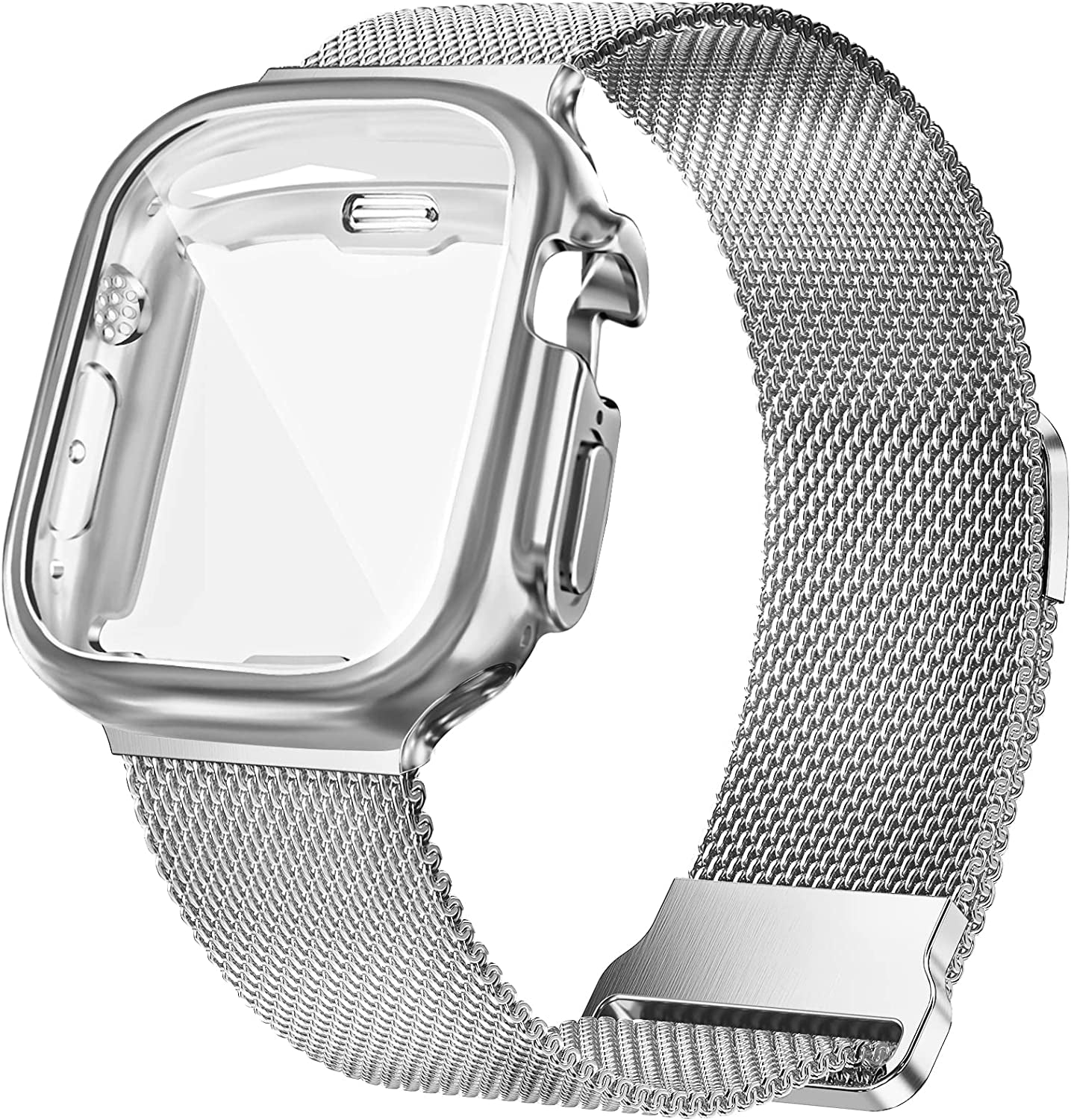 Geoumy Metal Magnetic Bands Compatible for Apple Watch Band 45Mm with Case, Stainless Steel Milanese Mesh Loop Replacement Strap Compatible with Iwatch Series 8/7/6/5/4/3/2/1 SE Women Men,Starlight  Geoumy Silver Ultra 49mm 