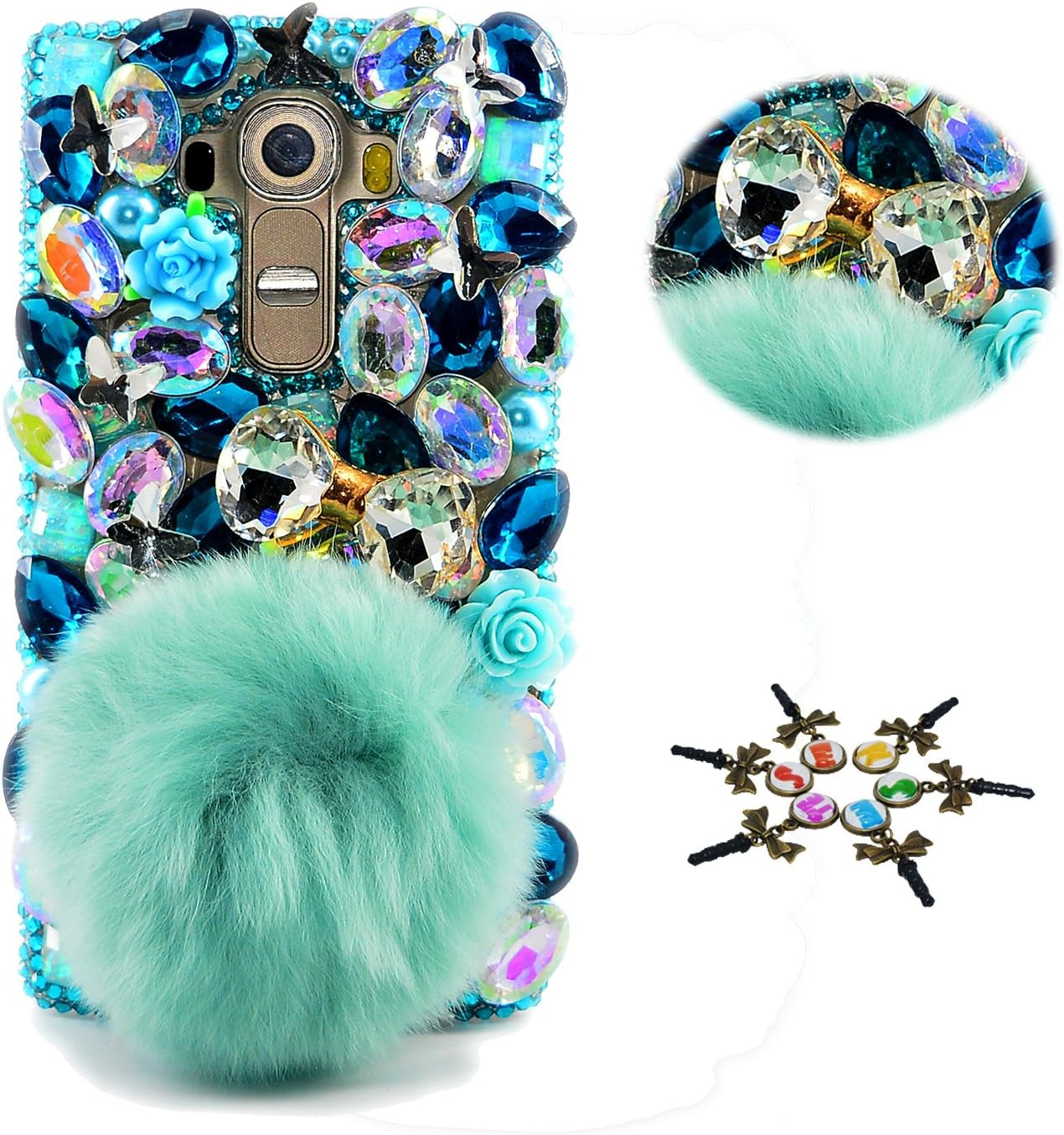 STENES LG G7 Thinq Case - STYLISH - 100+ Bling - 3D Handmade Skull Heart Rhinestone Design Protective Case for LG G7/LG G7 Thinq - Colorful  STENES Bowknot Rabbit Tails Villus Flowers / Aquamarine  