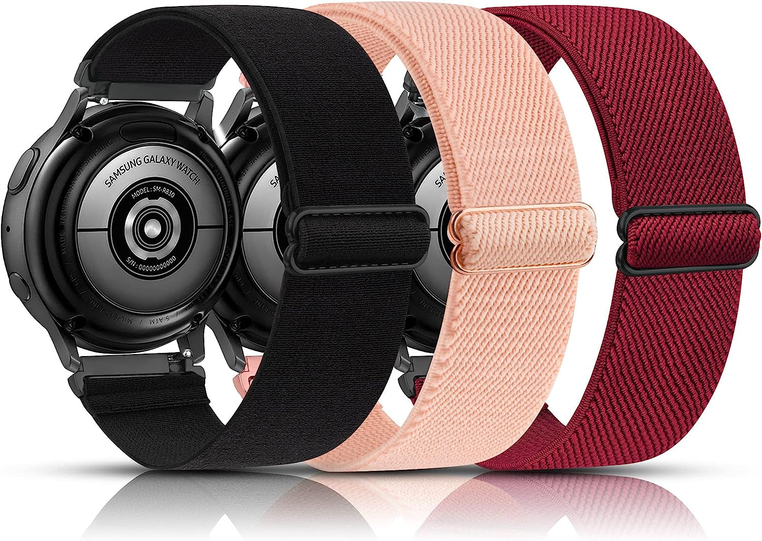 3 Pack Elastic Bands Compatible with Samsung Galaxy Watch 4 44Mm 40Mm, Samsung Galaxy Watch 4 Classic 46Mm 42Mm, 20Mm Adjustable Elastic Nylon Sport Stretchy Wristband for Women Men  Meliya Black+Pink+Wine Red  
