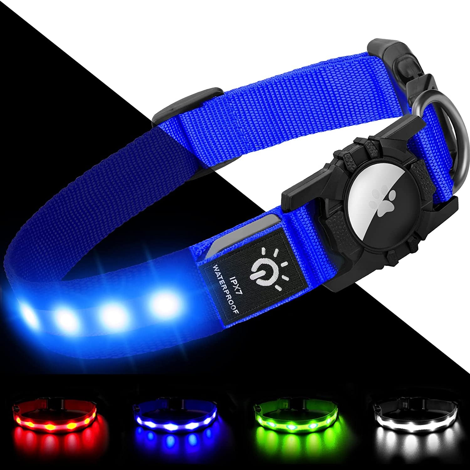 Joytale LED Airtag Dog Collar[100% IPX7 Waterproof], Light up Night Safety Pet Collars for Air Tag, USB C Rechargeable Lighted Glow Nylon Collar with Airtag Holder Case for Large Dogs, Red  Joytale Blue Medium (14"- 20") 