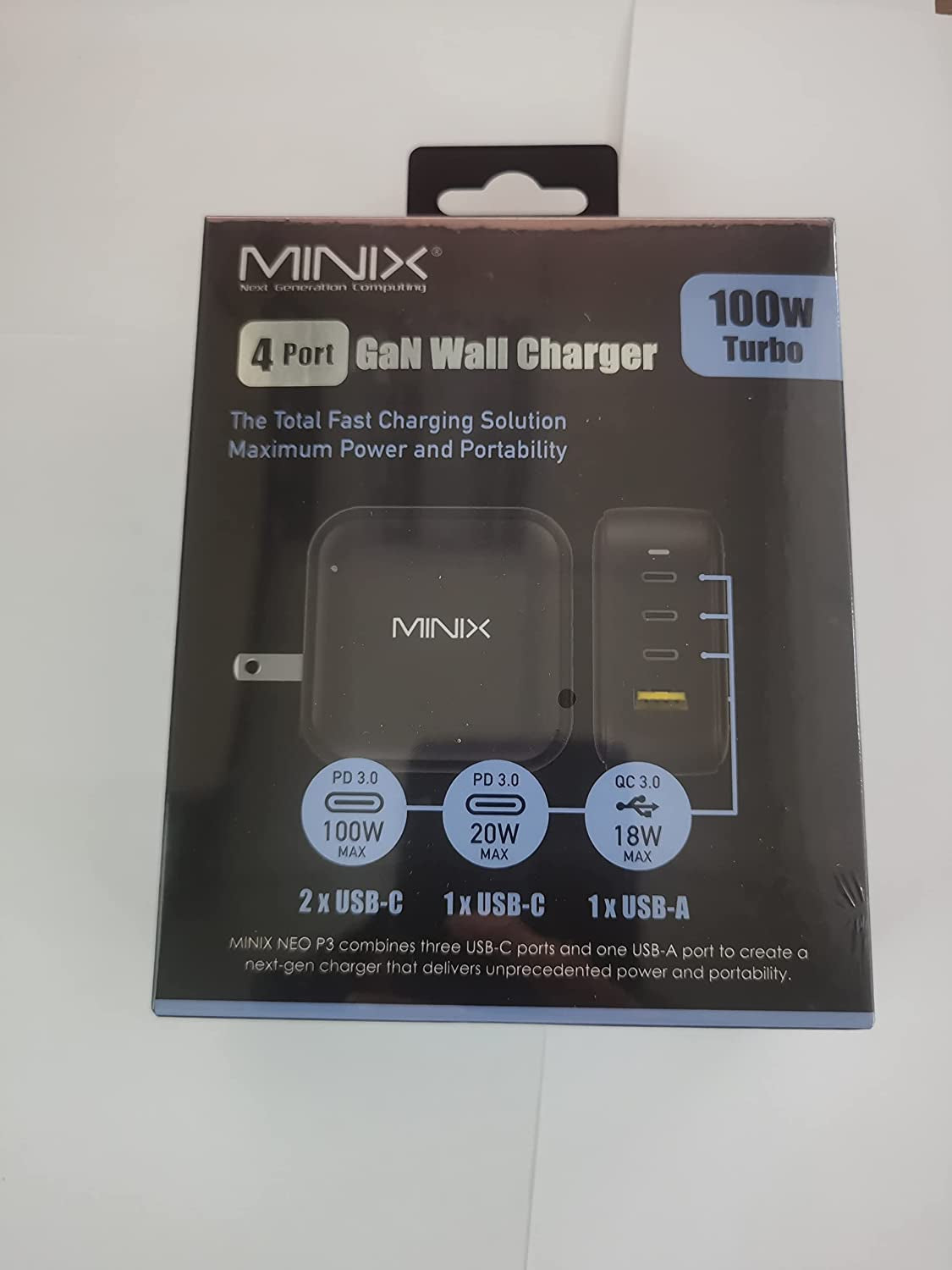 MINIX NEO P3 100W Turbo 4-Ports Gan Wall Charger, 3 X USB-C Port Fast Charging Adapter(Max 100W/20W), 1 USB-A (Max 18W). Compatible with Macbook Pro Air, Ipad Pro, Iphone 13,12,Galaxy S9 and More.  MINIX Technology Limited   