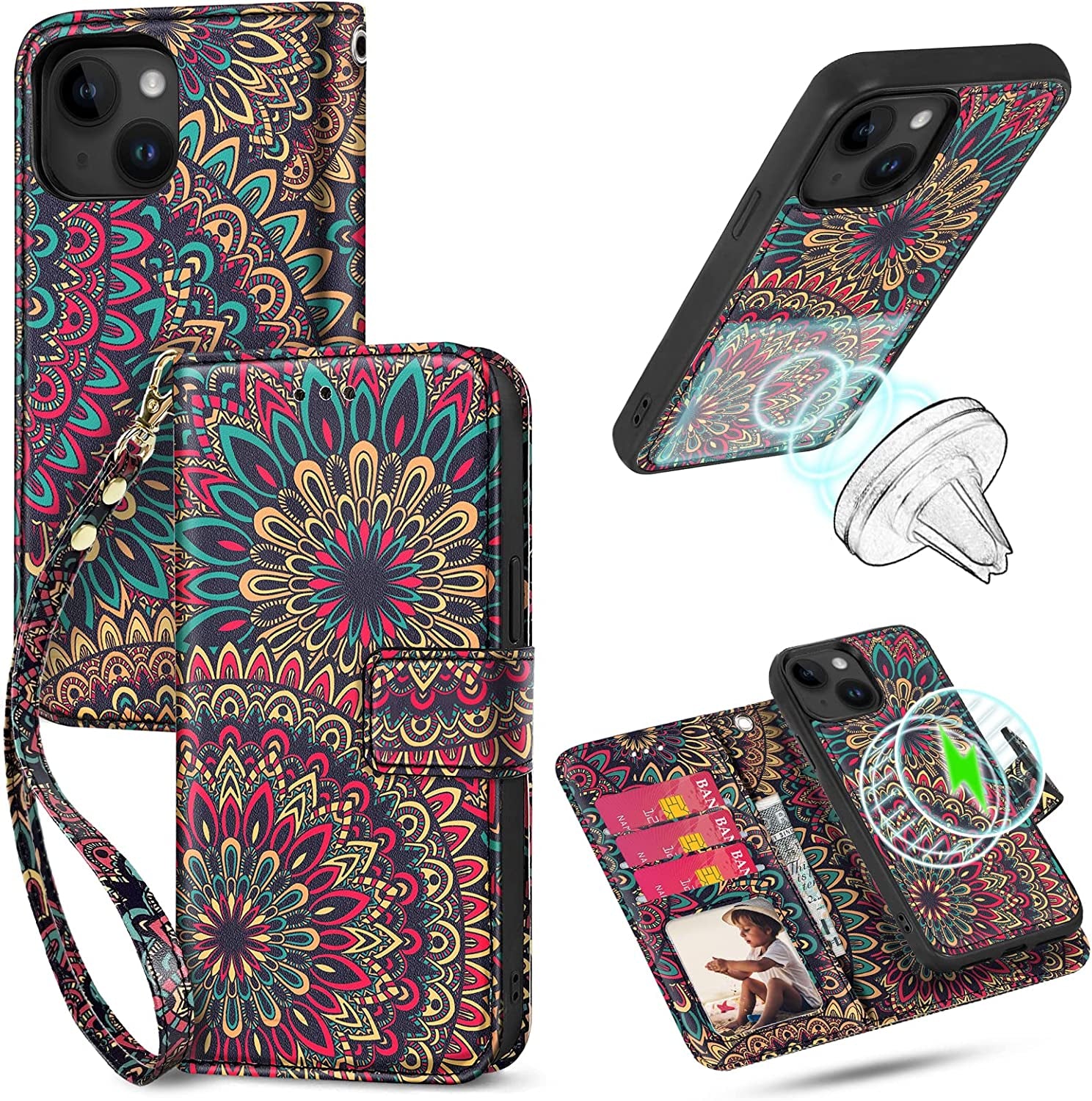 HOGGU Iphone 14 plus Case Wallet [Compatible with Magsafe] Magnetic Detachable Floral Flip PU Leather Case with Card Holder RFID Blocking, Hand Strap, Iphone 14 plus Wallet Case for Women Girls-Gray  HOGGU Mandala [iPhone 14 Plus]  