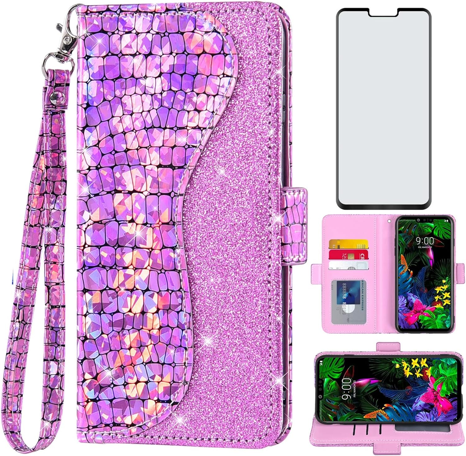 Asuwish Phone Case for LG G8 Thinq Wallet Cover with Screen Protector and Wrist Strap Flip Credit Card Holder Bling Glitter Stand Cell LGG8 Thin Q G 8 LG8 G8Thinq Lgg8Thinq 8G Women Girls Silver  Asuwish Pink For Lg G8 Thinq / G8 
