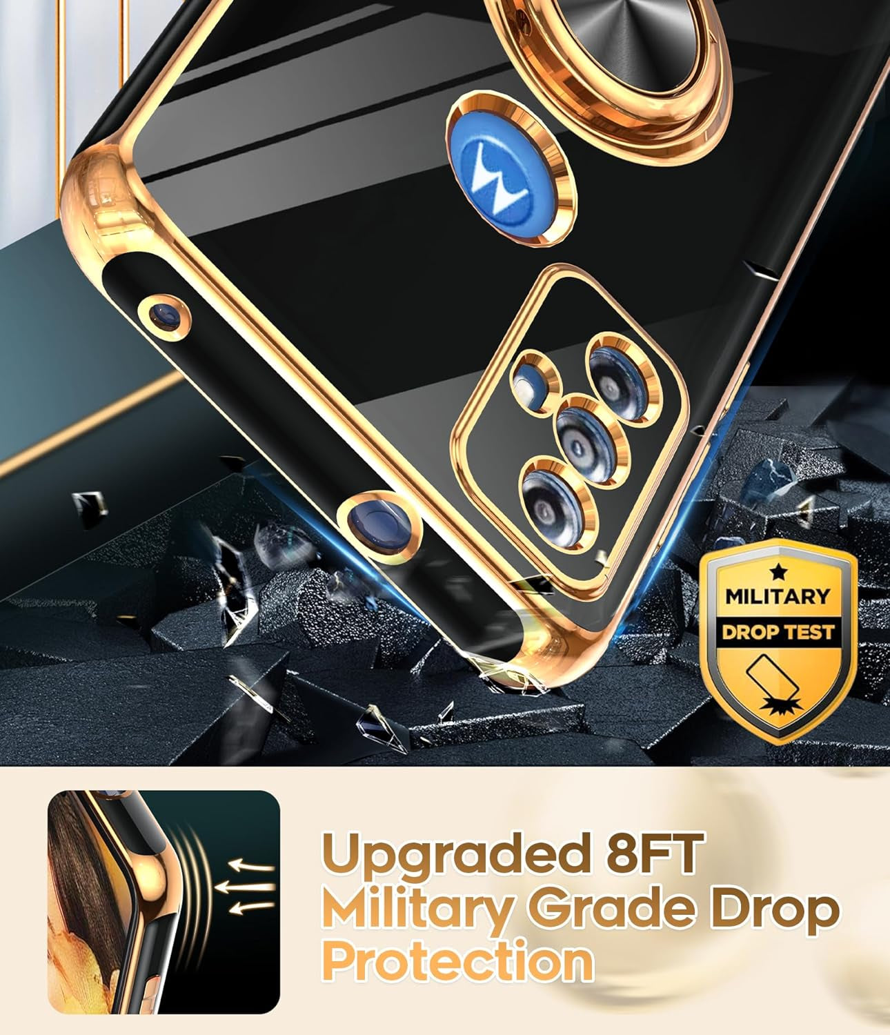 Leyi for Moto G Play 2023 Phone Case: with Tempered Glass Screen Protector [2 Pack] 360° Rotatable Ring Holder Magnetic Kickstand, Plating Rose Gold Edge Protective Case, Black  LeYi   