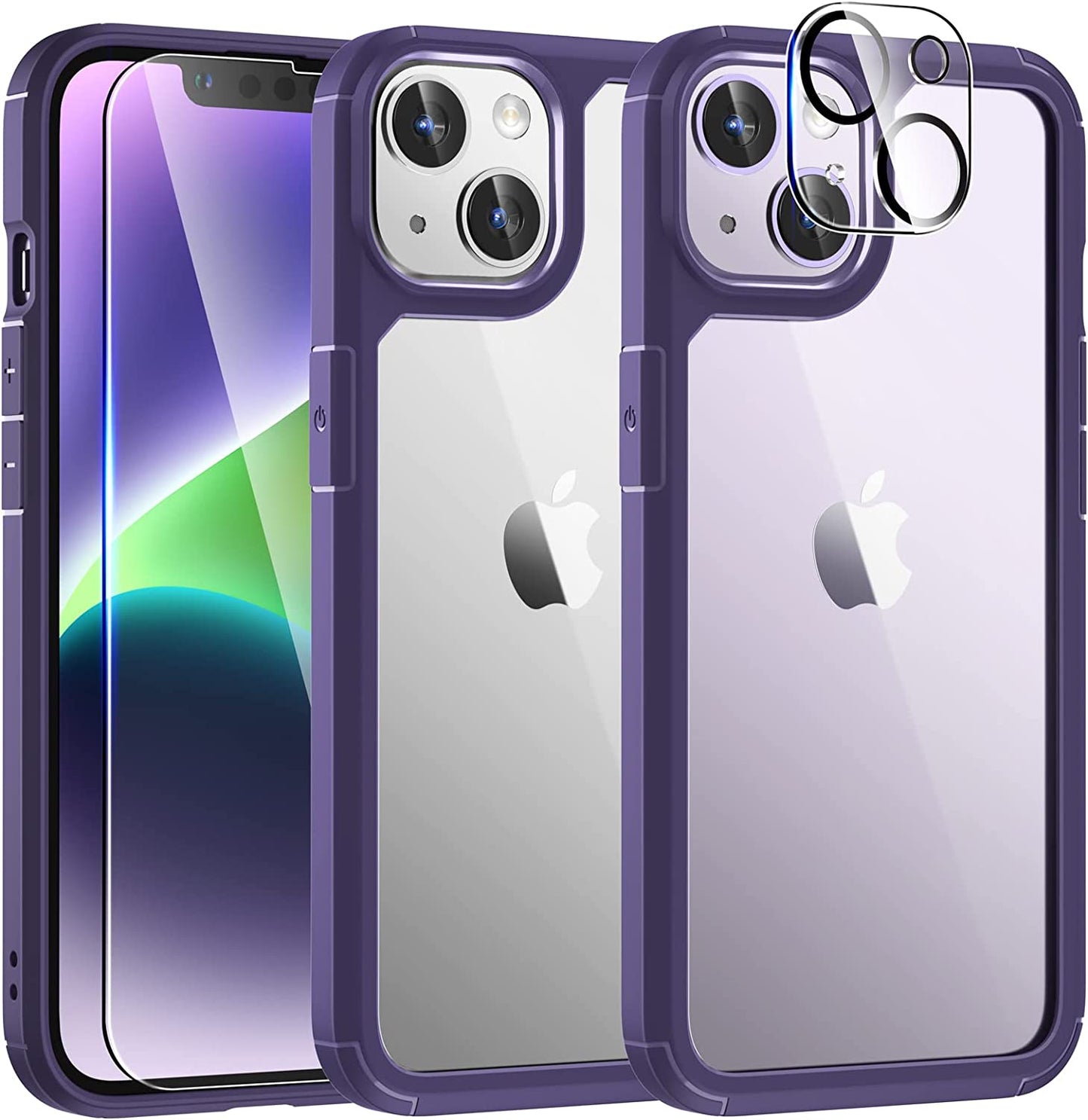 TAURI 5-In-1 Designed for Iphone 14 Case, with 2 Screen Protector + 2 Camera Lens Protector [Not Yellowing] [Military Drop Protection] Shockproof Slim Phone Case for Iphone 14 6.1 Inch-Black  TAURI Deep Purple  