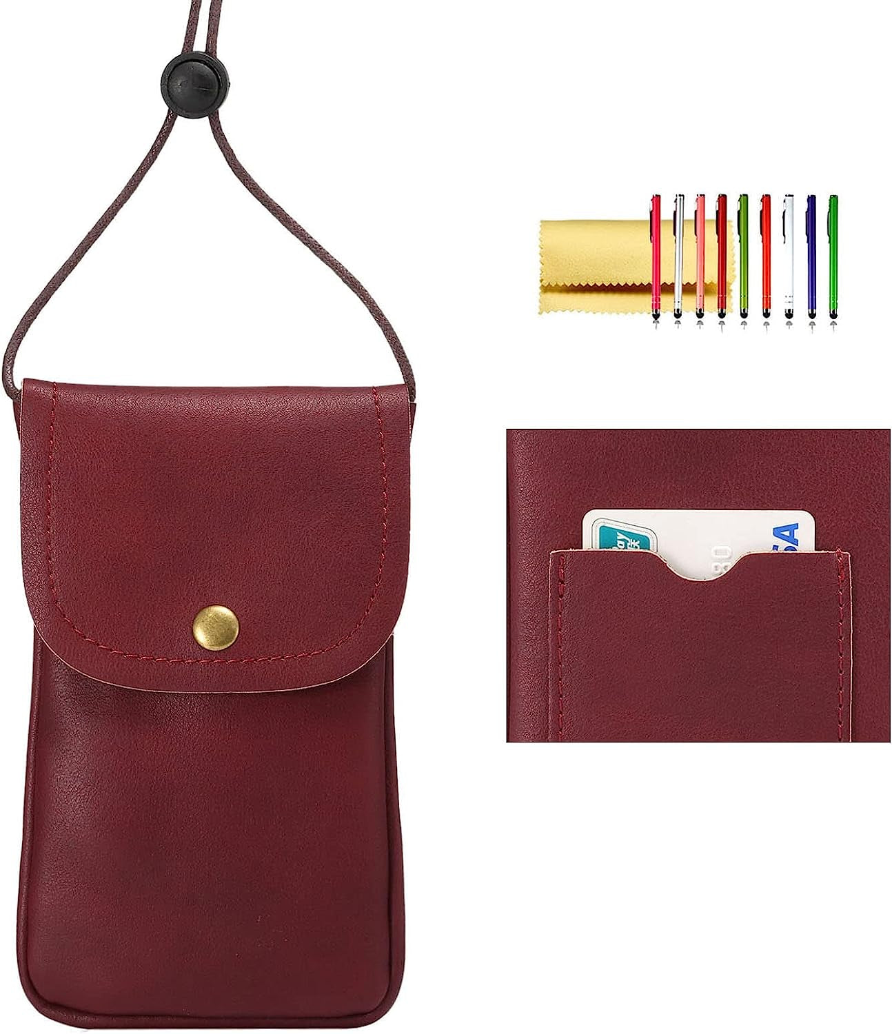 Cell Phone Neck Pouch, Techcircle PU Leather Carrying Bag with Credit Card Holder Adjustable Strap, Small Travel Purse for Iphone 11 XR XS Max SE 8 7 6 Plus, Galaxy S10 S7 Edge A10 J7, Moto G6 (Brown)  Techcircle 01 Red  