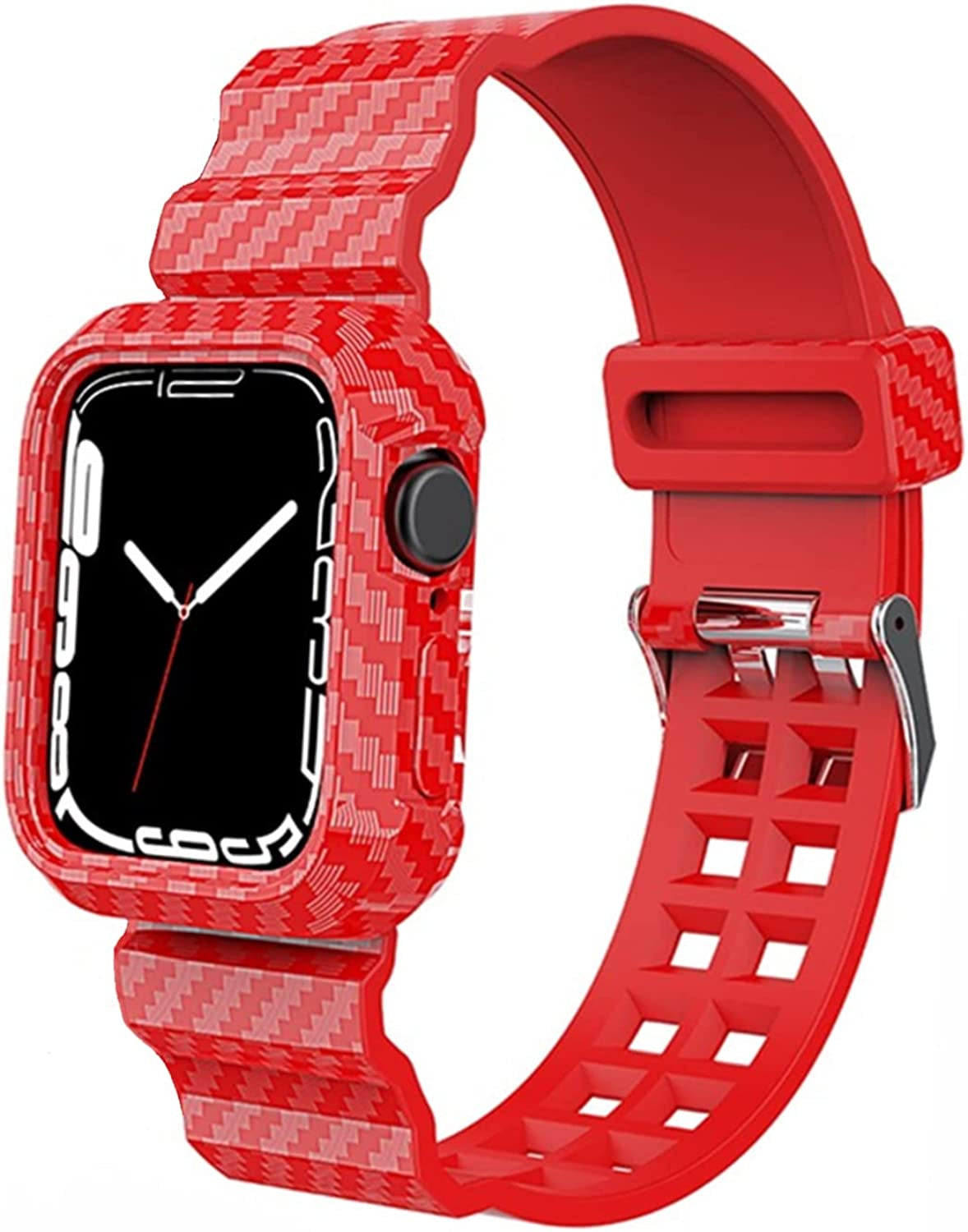 Kaihang Compatible for Apple Watch Band, Crystal Clear Iwatch Band Strap with Rugged Bumper Case 38Mm/40Mm/41Mm/42Mm/44Mm/45Mm/49Mm Bands for Apple Watch Series SE/8/7/6/5/4/3/2  Kaihang Carbon Fiber pattern Red 42mm/44mm 