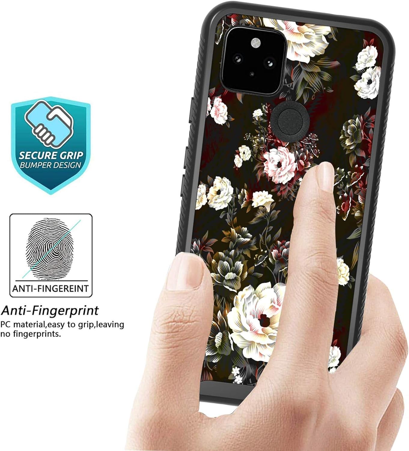 Shinymax Pixel 5 Case with Roses Design,Google Pxiel 5 Phone Case,Hybrid Triple Layer Armor Protective Cover Flexible Sturdy Anti-Scratch Shockproof Bumper Cute Case for Women and Girls-Flowers/Black  ShinyMax   