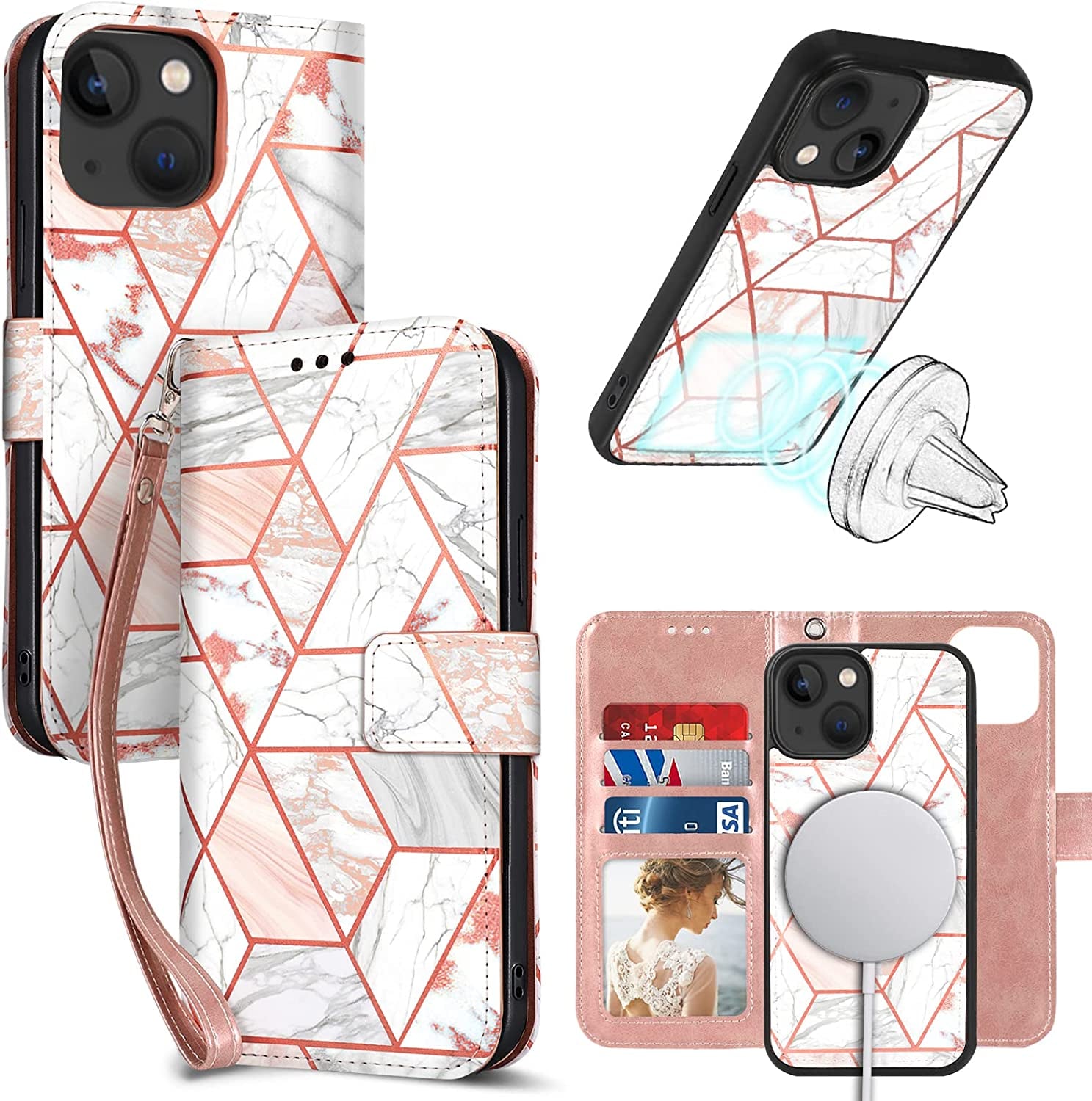 CASEOWL Compatible for Iphone 14 plus Wallet Case [Support Magsafe Charger] 2 in 1 Magnetic Detachable [RFID Blocking] Mandala Embossed Flip Leather Wallet Case with Card Holder,Strap for Women-Gray  CASEOWL Marble Pink [for iPhone 14 Plus]  