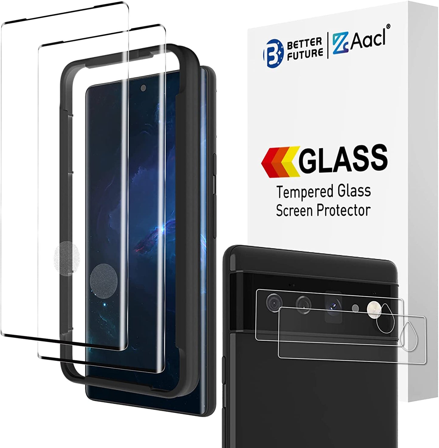 [Fingerprint Compatible] 2 Pack 3D Tempered Glass for Google Pixel 6 Pro Screen Protector + 2 Pack Camera Lens Protector, [Fingerprint Unlock][Anti-Scratch][Work with Case]  Better Future Glass   