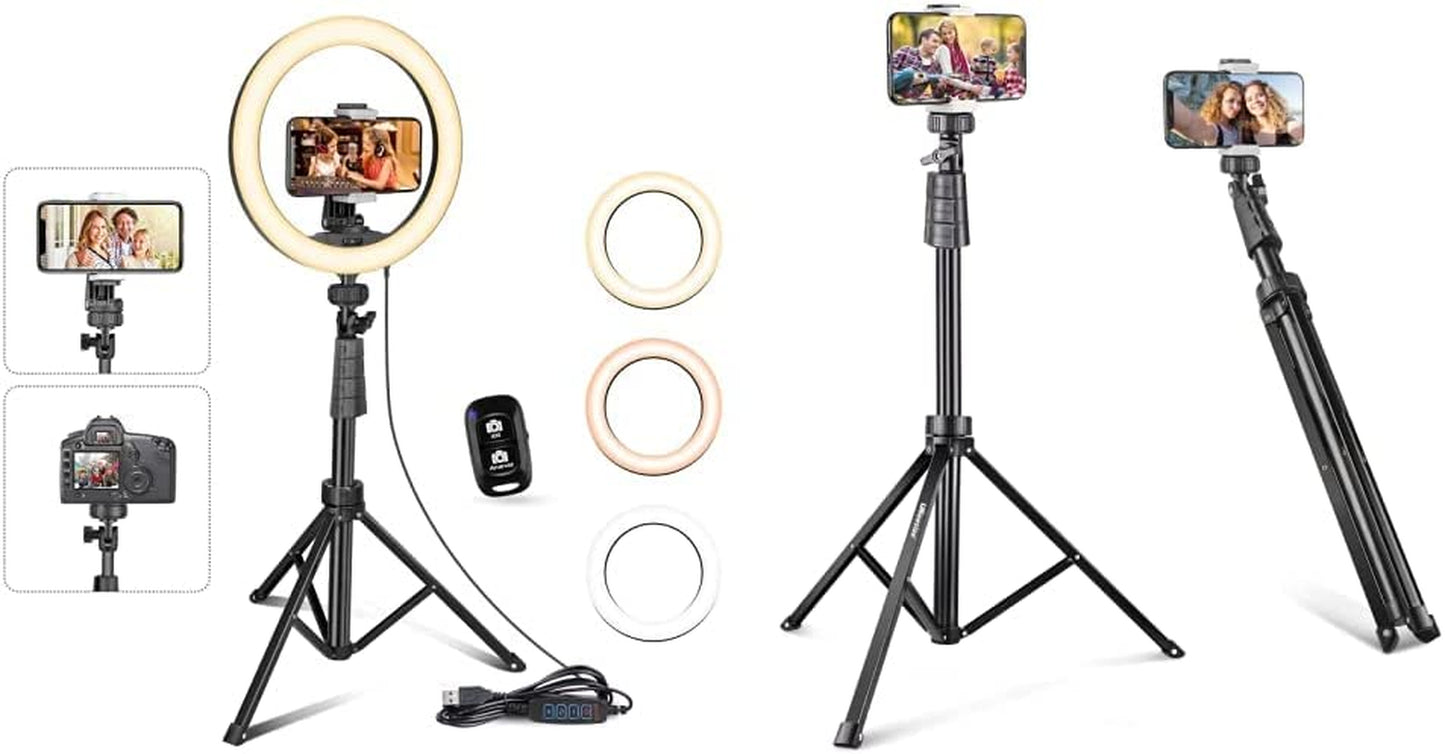 Ubeesize 10''Selfie Ring Light with 62''Tripod Stand, Led Ring Light with Phone Holder and Remote for Video Recording/Zoom Meeting (Youtube/ Tiktok/Twitch), Compatible with Phones, Cameras & Webcams  UBeesize Stick Tripod + Phone Tripod  