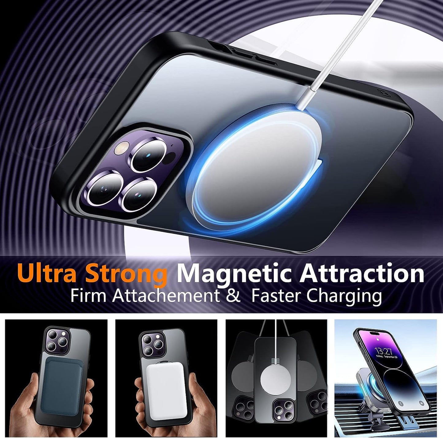 SPIDERCASE for Iphone 14 Pro Case, Magnetic Invisible Stand [Military Drop Protection] [Compatible for Magsafe], with [2 Pack Tempered Glass Screen Protector] Shockproof Translucent Matte Cases,Black  SPIDERCASE   