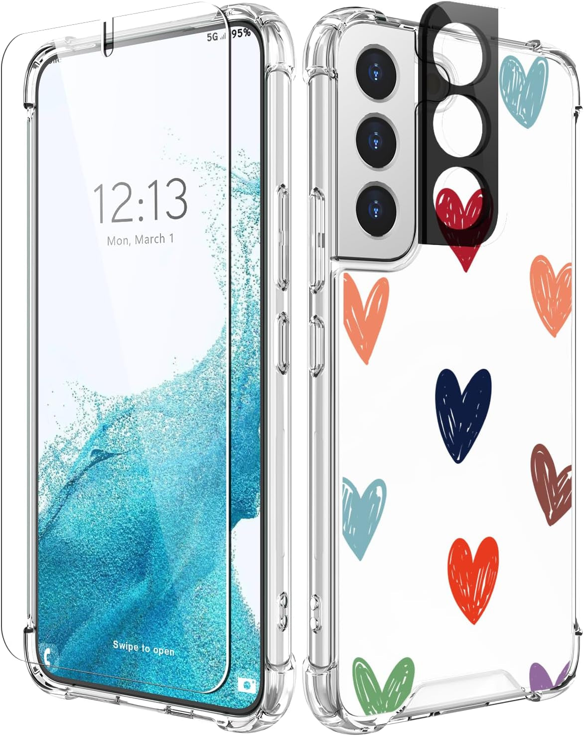 Cutebe Cute Clear Case for Samsung Galaxy S22 6.1 Inch 2022 Released, Shockproof Series Protective Cover with Screen Protector and Camera Lens Protector for Women, Girls  Cutebe S22-Heart Design  