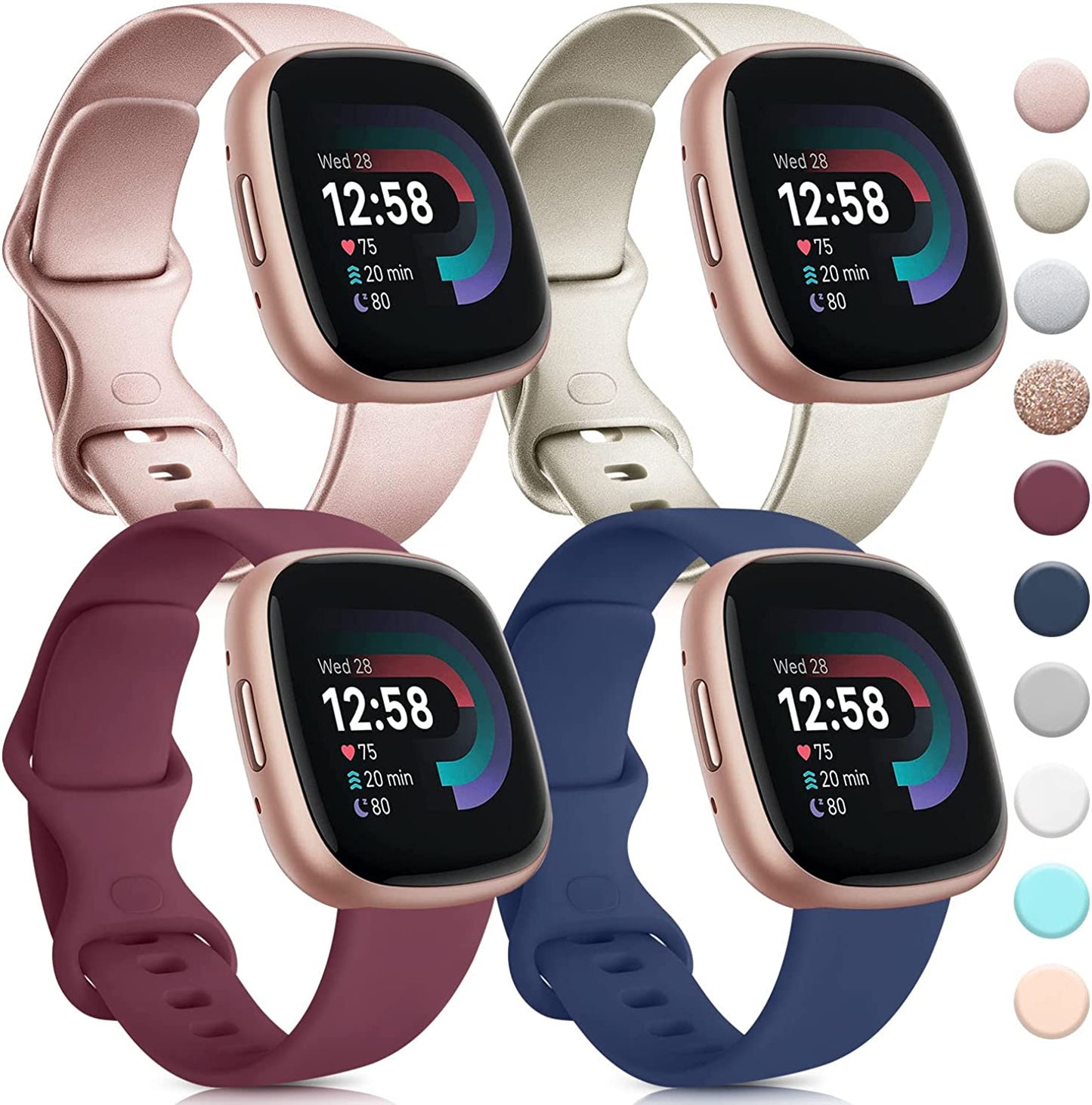4 PACK Bands Compatible with Fitbit Sense 2 / Sense Bands/ Fitbit Versa 4/ Versa 3 Bands Women Men, Classic Soft Silicone Straps for Fitbit Sense 2 / Sense / Versa 4 / Versa 3 Smart Watch  AK Rose Gold/Champagne Gold/Wine Red/Navy Blue Large 