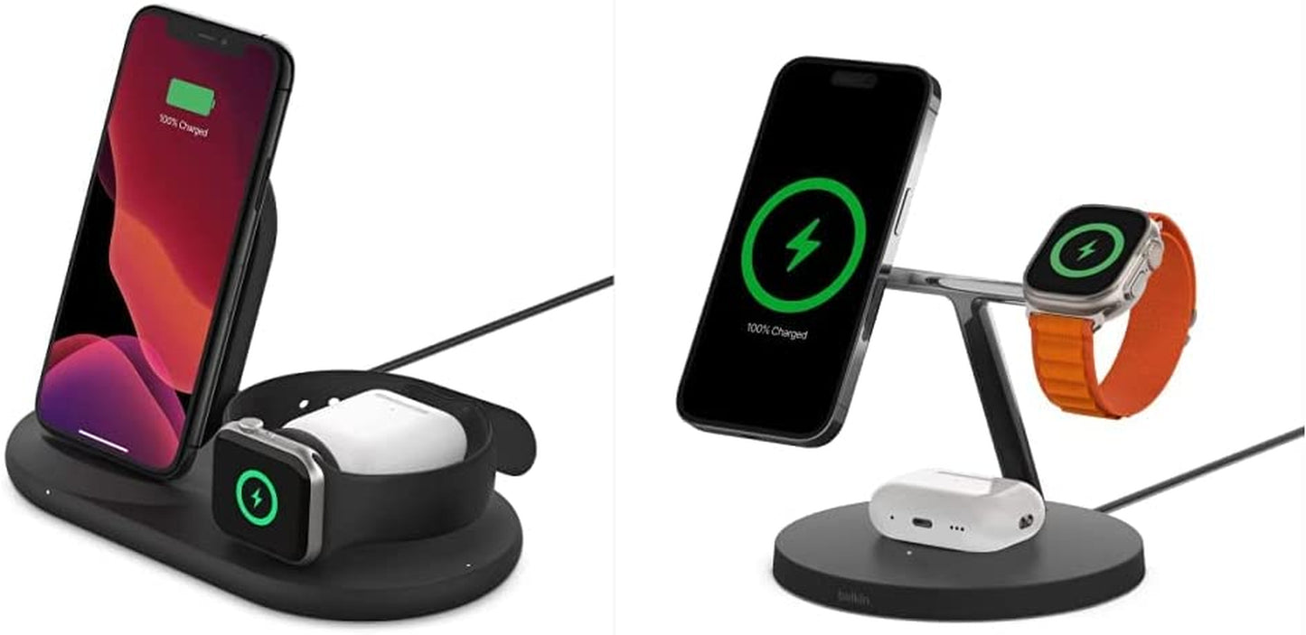Belkin 3-In-1 Wireless Charger - Fast Wireless Charging Stand for Apple Iphone, Apple Watch & Airpods - Iphone Case Compatible Qi Charger - Wireless Charging Station for Multiple Devices - Black  Belkin Black Charger + Stand - Black 