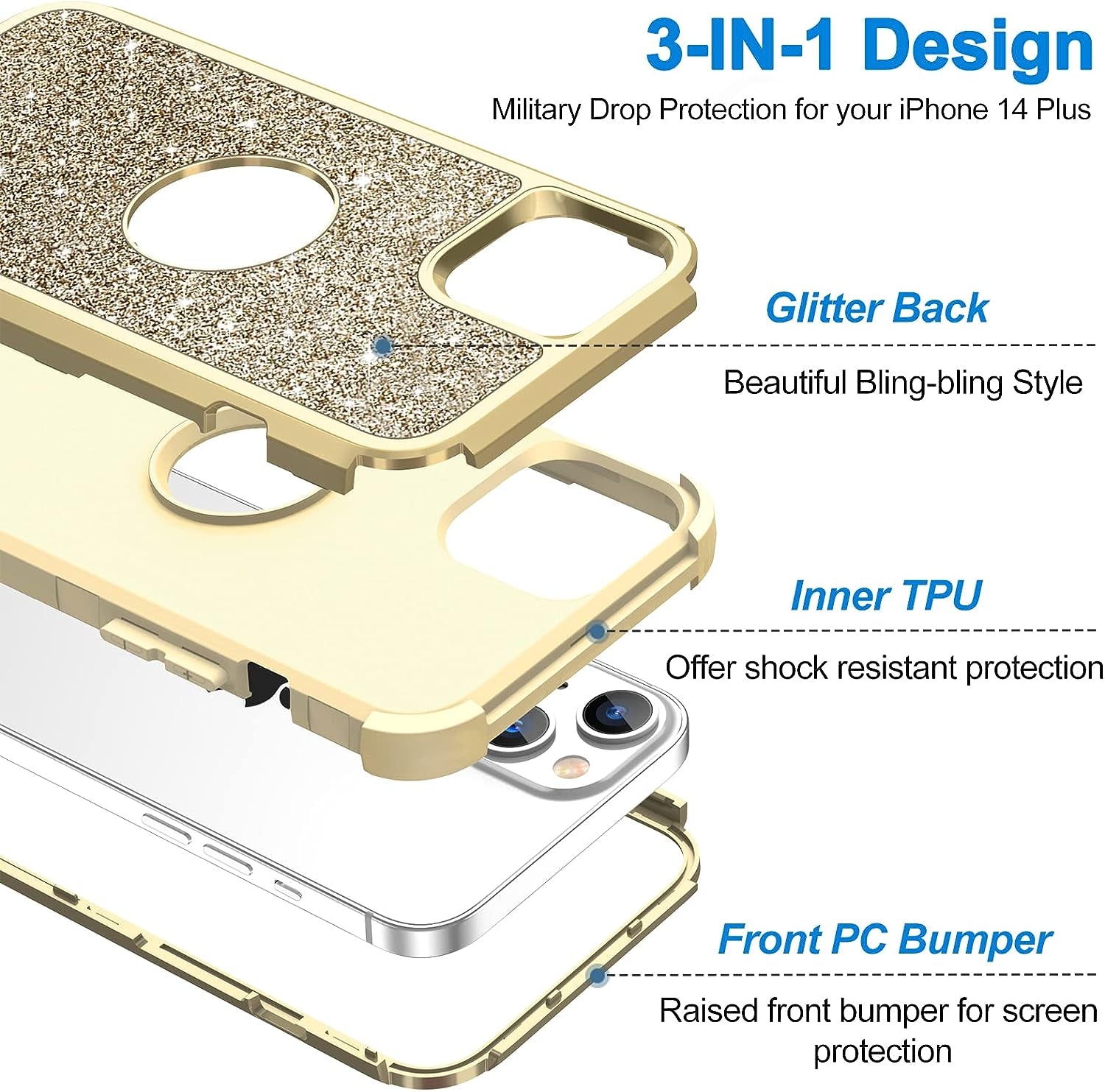 Hython for Iphone 14 plus Case, Heavy Duty Full-Body Defender Protective Phone Cases Glitter Bling Sparkle Hard Shell Hybrid Shockproof/Drop Proof 3-Layer Military Rubber Bumper Cover for Women Girls  Hython   