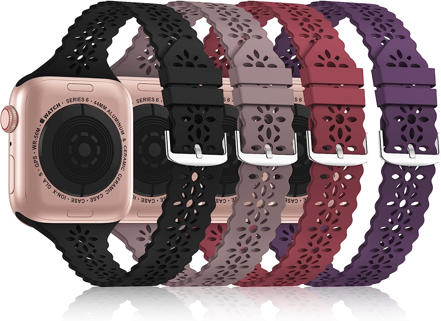 Bandiction 4 Pack Lace Silicone Bands Compatible with Apple Watch Band 38Mm 40Mm 41Mm 42Mm 44Mm 45Mm 49Mm, Women Slim Thin Hollow-Out Sport Wristband for Iwatch Series Ultra 8 SE 7 6 5 4 3 2 1  Bandiction Brown/Black/Wine Red/Dark Purple 42mm/44mm/45mm/49mm 