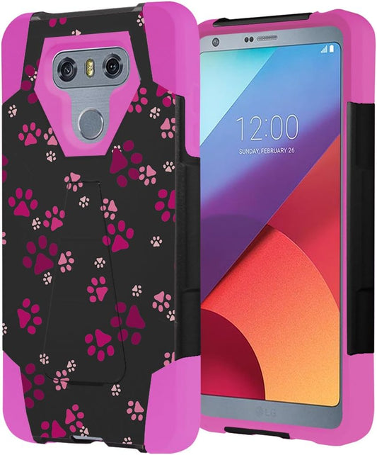Capsule Case Compatible with LG G6 [Hybrid Fusion Dual Layer Shockproof Combat Kickstand Case Black Pink] for LGG6 LG G6 2017 - (Paw Print Pink)  HRWireless   
