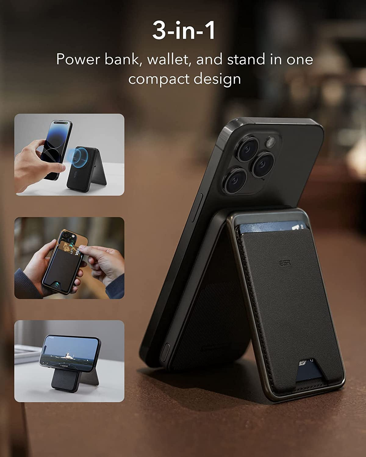 ESR Magsafe Battery Pack (Halolock), 5,000Mah Power Bank Wallet with USB-C Cable, Magsafe Wallet and Adjustable Stand, Magsafe Portable Charger for Iphone 14/13/12 (Except 13/12 Mini), Midnight Black  Electronic Silk Road Corp   