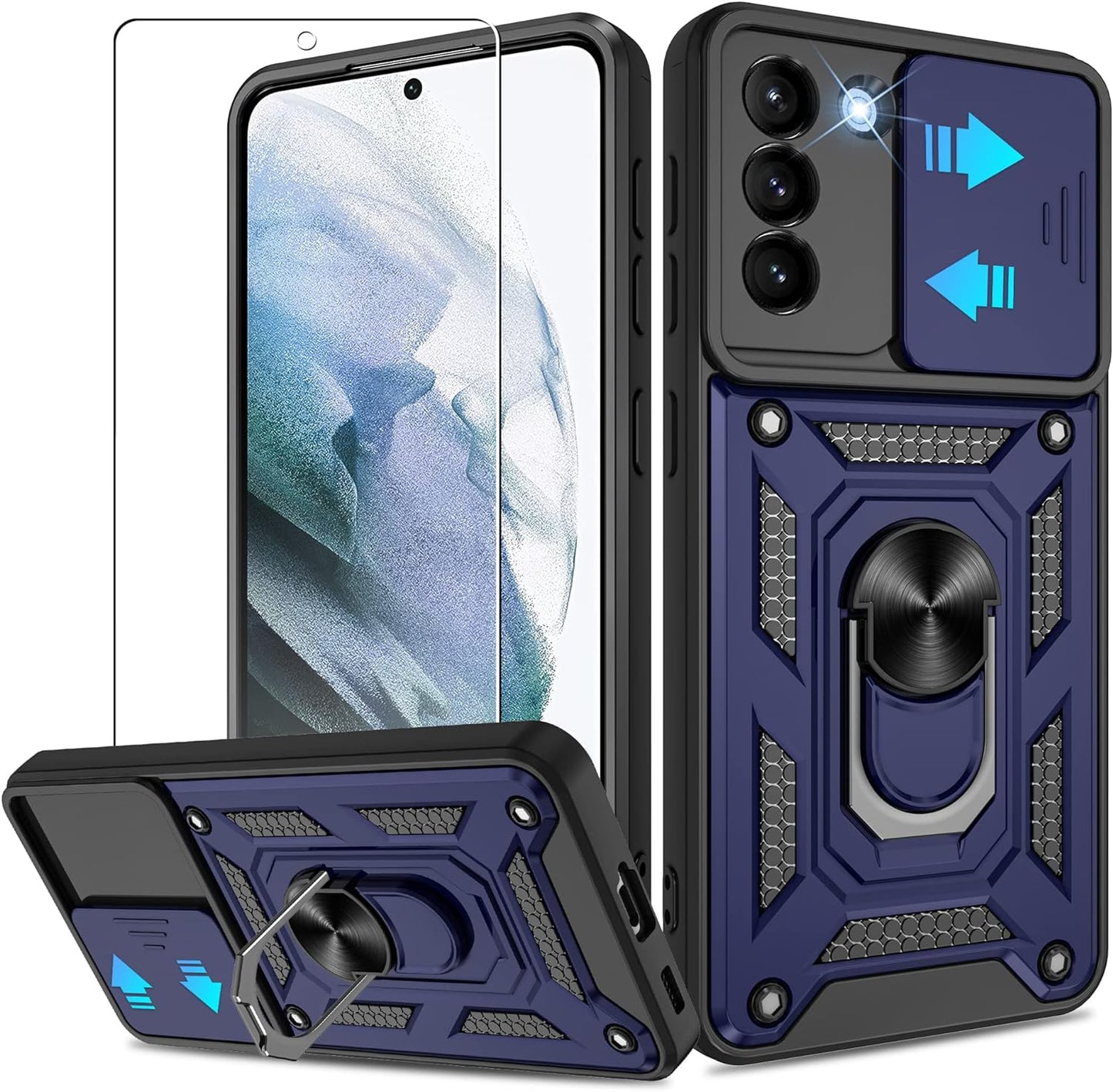 ATUMP Compatible with Samsung Galaxy S21 plus Case with HD Screen Protector with Slide Camera Cover, 360° Rotation Ring Kickstand [Military Grade] Case for Samsung Galaxy S21 Plus1,Black  Atump Blue  
