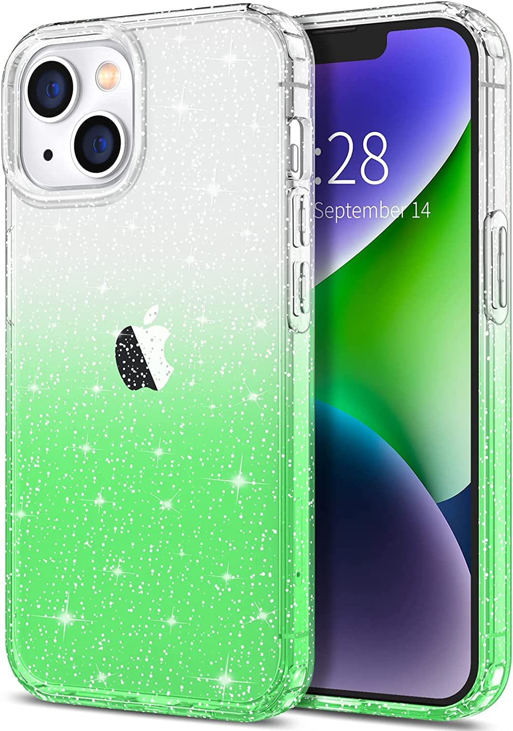 Hython Case for Iphone 14 Case Glitter, Cute Sparkly Clear Glitter Shiny Bling Sparkle Cover, Anti-Scratch Soft TPU Thin Slim Fit Shockproof Protective Phone Cases for Women Girls, Clear Glitter  Hython Clear/Fluorescent Green  