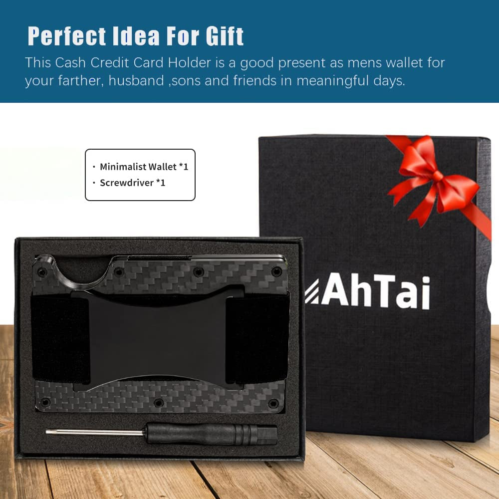Ahtai Carbon Fiber Wallet for Men - Minimalist Wallet with Cash Strap - Slim Money Clip Metal Wallet - RFID Blocking Mens Wallet with Gift Box - Cash Credit Card Holder  AhTai   