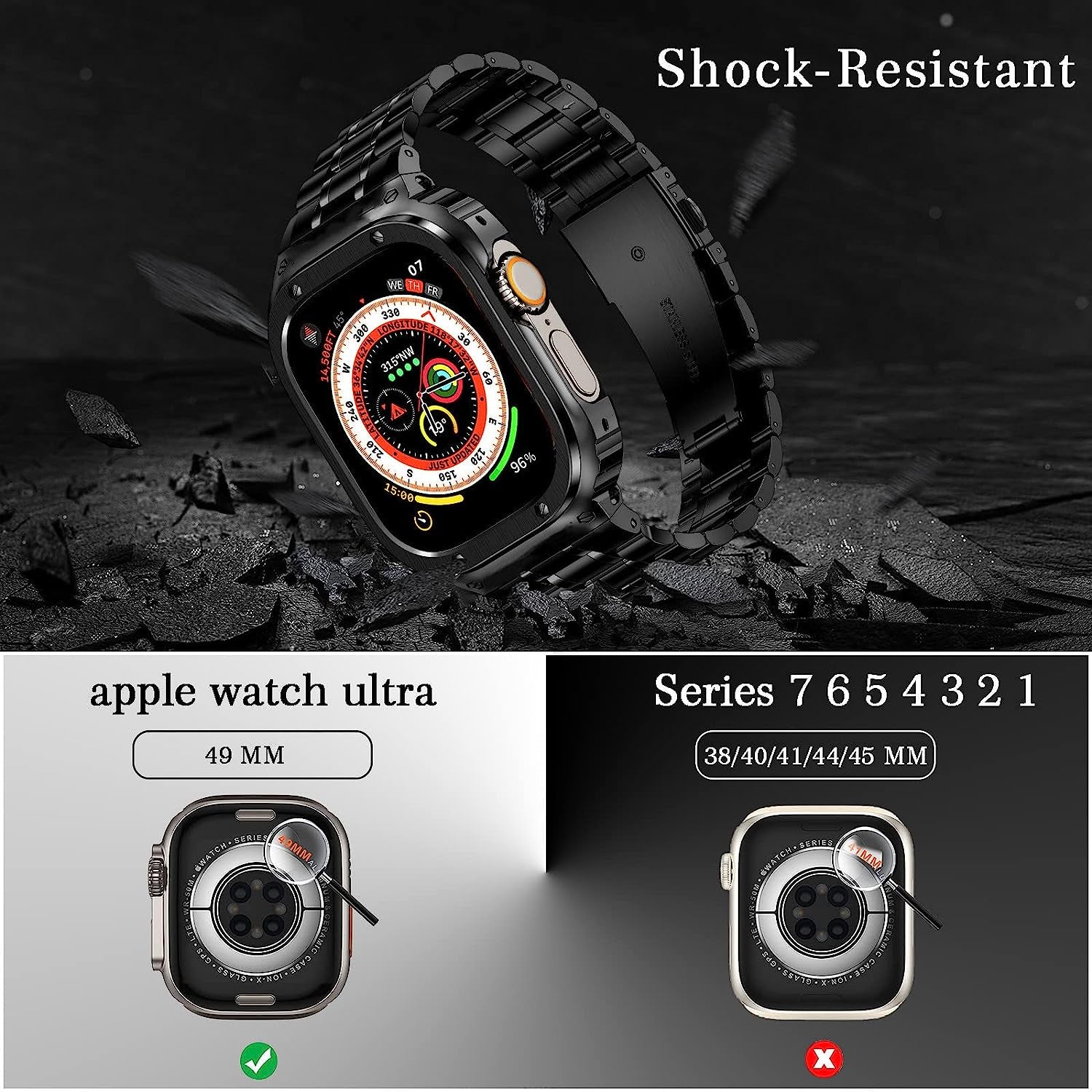 Amznew Apple Watch Band with Case Compatible for Iwatch Series Ultra(49Mm) 8/7(45Mm/41Mm) 6/5/4/Se(44Mm/40Mm) 3/2/1(42Mm/38Mm), Stainless Steel Iwatch Bands and Metal Bumper Cover for Men  Amznew   