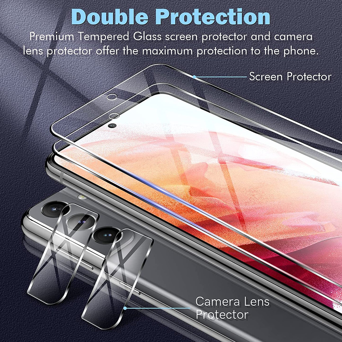 LK 2 + 2 Tempered Glass Screen Protectors Compatible with Samsung Galaxy S21 Anti-Scratch and Bubble-Free, Contains 2 Screen Protectors and 2 Rear Camera Protectors with Installation Frame (Ultra HD)  LK   