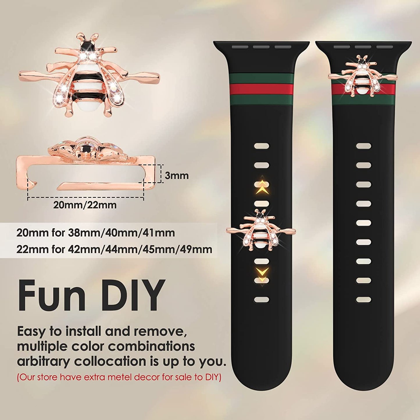 Designer Bands with Charms Decor Compatible with Apple Watch Band 38Mm 40Mm 41Mm 42Mm 44Mm 45Mm 49Mm for Women, Stylish Soft Silicone Sport Strap for Apple Watch Ultra Iwatch Series 8 SE 7 6 5 4 3 2 1  Seizehe   