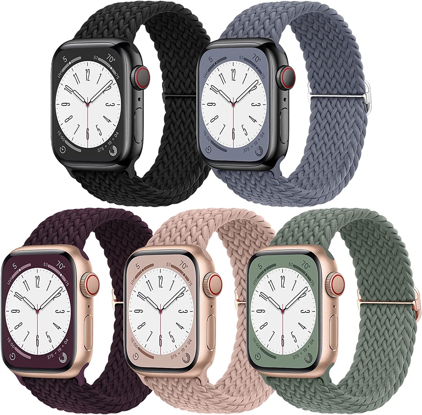 EOMTAM 5 Pack Braided Stretchy Adjustable Straps Compatible for Apple Watch Band 38Mm 40Mm 41Mm 42Mm 44Mm 45Mm 49Mm for Women Men ,Sport Elastic Nylon Cloth Wristbands for Iwatch Series Ultra 8 SE 7 6 5 4 3  EOMTAM Olive Green/Blue Gray/Cherry/Black/Deep Pink 42MM/44MM/45MM/49MM 