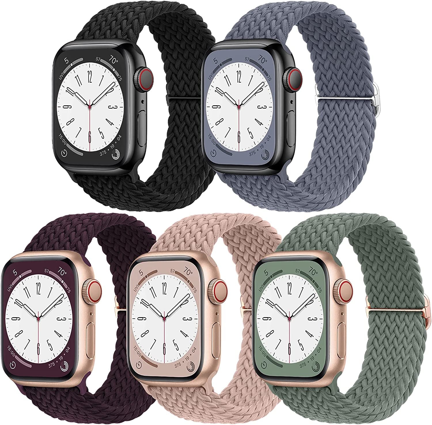EOMTAM 5 Pack Braided Stretchy Adjustable Straps Compatible for Apple Watch Band 38Mm 40Mm 41Mm 42Mm 44Mm 45Mm 49Mm for Women Men ,Sport Elastic Nylon Cloth Wristbands for Iwatch Series Ultra 8 SE 7 6 5 4 3  EOMTAM Olive Green/Blue Gray/Cherry/Black/Deep Pink 42MM/44MM/45MM/49MM 