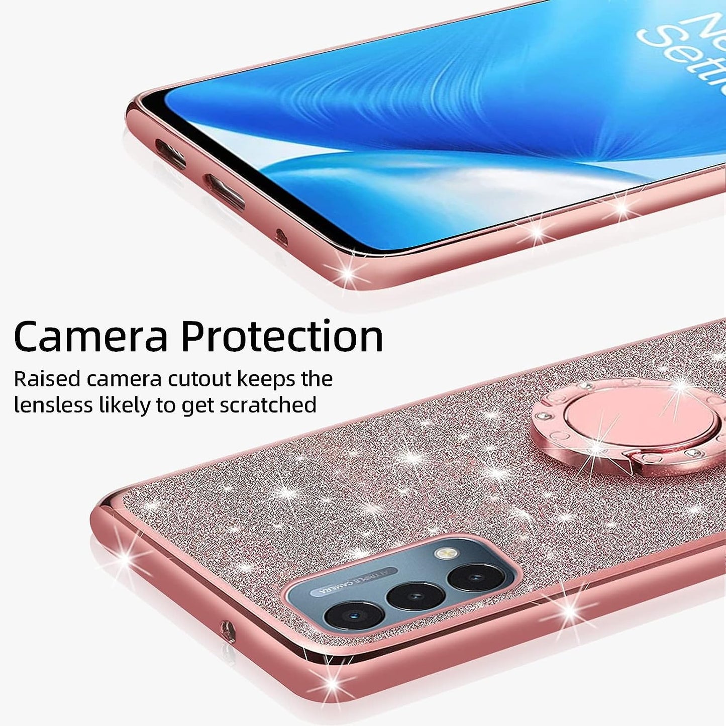 Kudini for Oneplus Nord N200 5G Case, N200 Phone Case for Women Glitter Crystal Soft Clear TPU Luxury Bling Cute Protective Cover with Kickstand Strap for Oneplus Nord N200 5G (Glitter Rose)  KuDiNi   