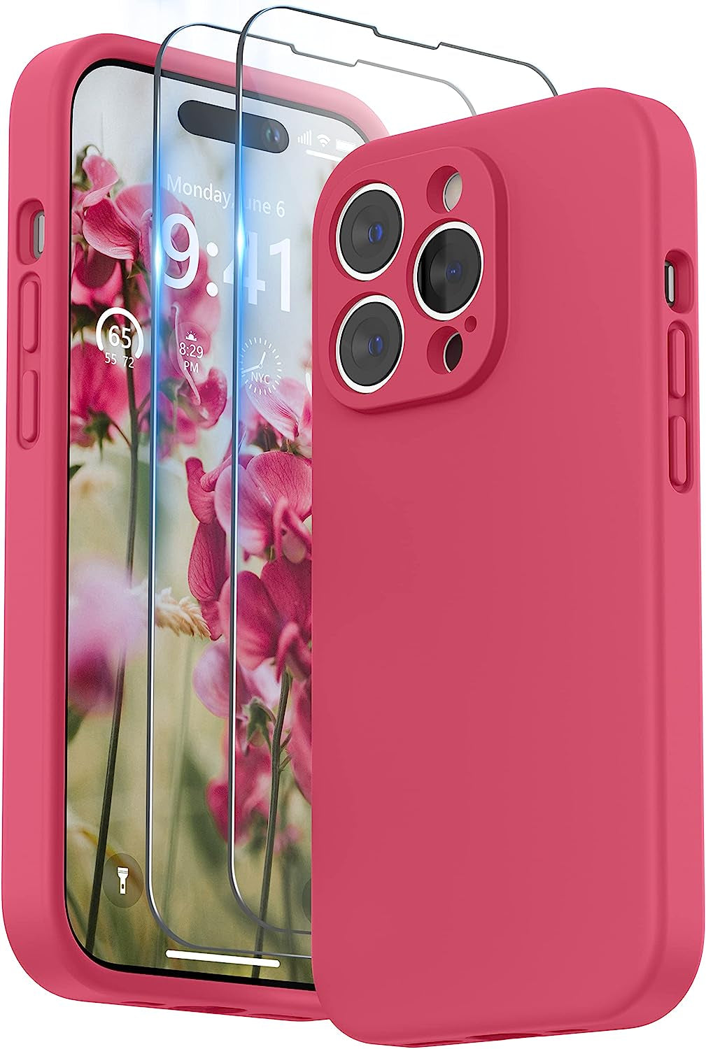 SURPHY Designed for Iphone 14 Pro Case with Screen Protector, (Camera Protection + Soft Microfiber Lining) Liquid Silicone Phone Case, Cactus Green  SURPHY Hibiscus  