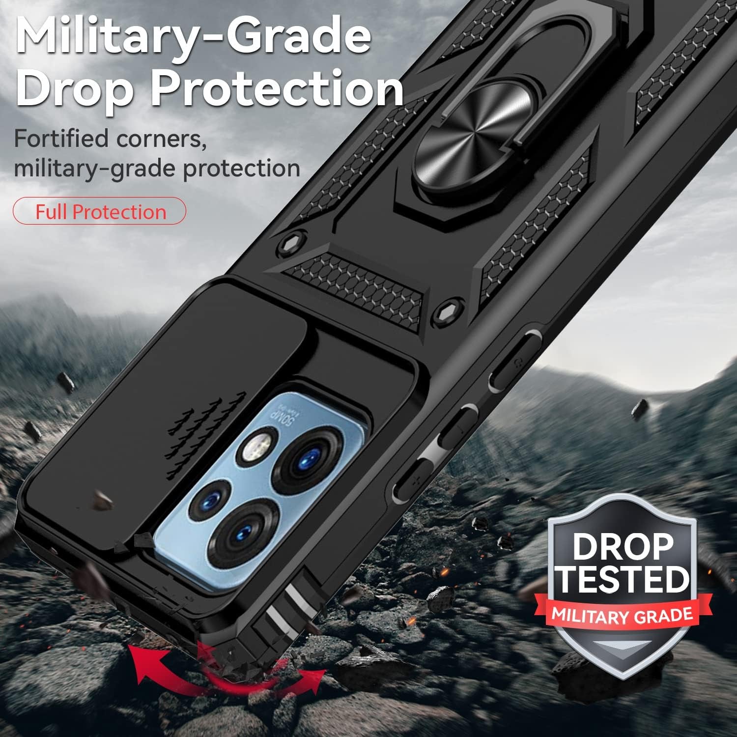 For Motorola Edge plus 2023 Case W/ Slide Camera Cover HD Screen Protector [Military Grade 16Ft. Drop Tested] Magnetic Ring Holder Kickstand Protective Phone Case for Motorola Edge+ plus 2023, Black  PUSHIMEI Co., Ltd.   