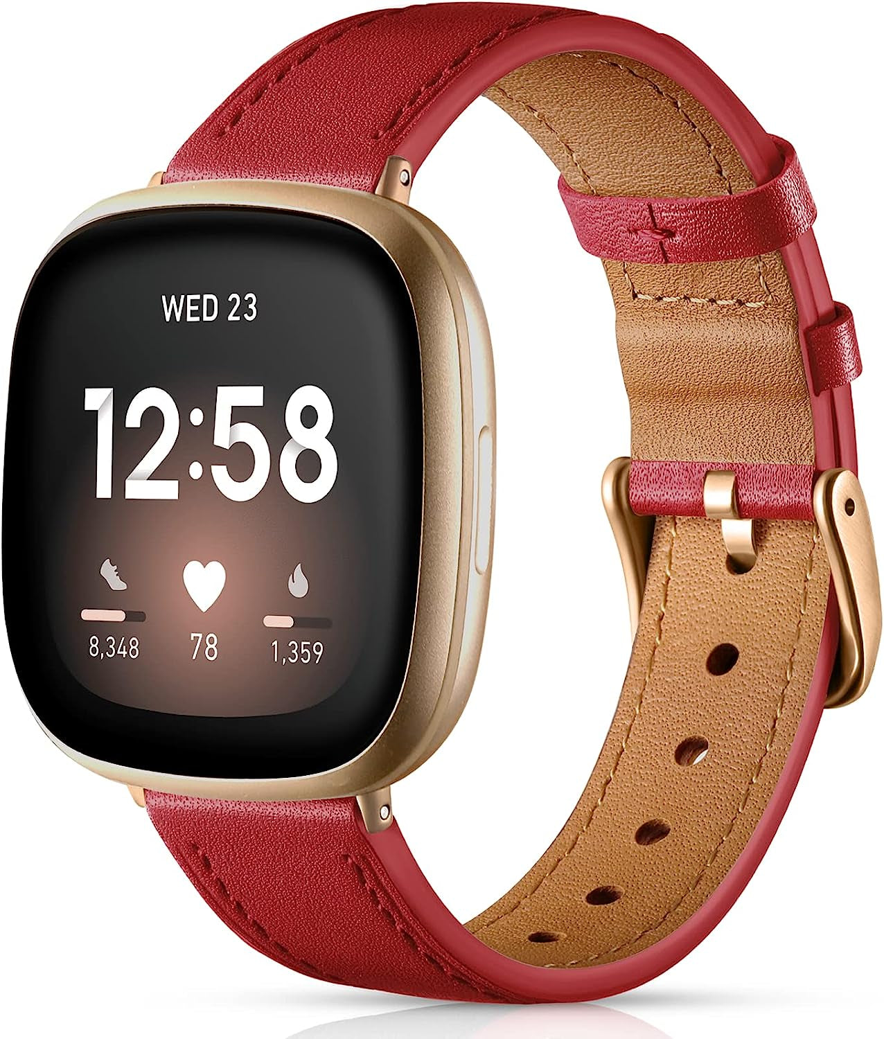 Maledan Compatible with Fitbit Sense/Fitbit Versa 3 Bands for Women Men, Soft Genuine Leather Band Slim Strap Replacement Accessory Wristband for Fitbit Versa 3/Versa 4/Sense 2/Sense Smartwatch, Pink  Maledan Red  