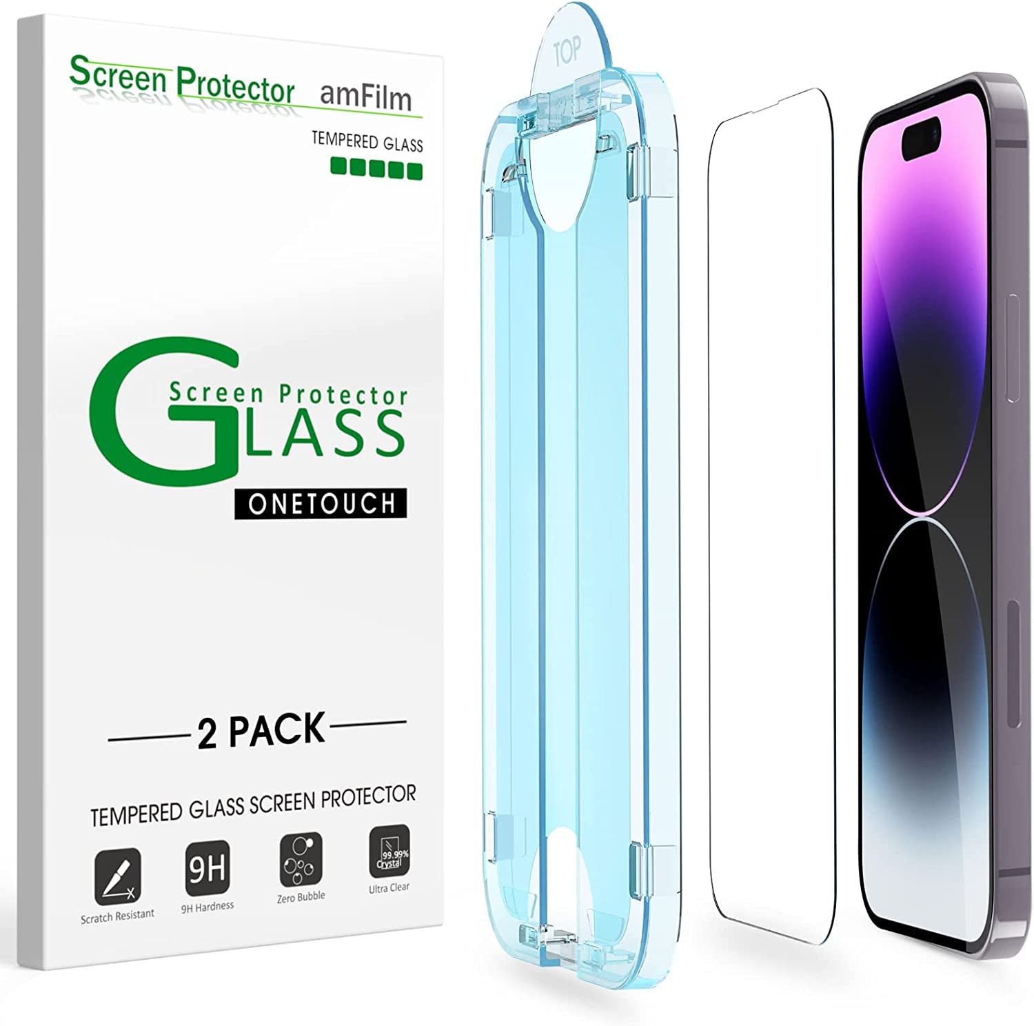 Amfilm Onetouch Glass Screen Protector Compatible for Iphone 14 Pro 6.1 Inch 2022, Easiest Installation, Dynamic Island Compatible, Bubble Free and Full Coverage Case Friendly, Tempered Glass, 2 Pack  TechMatte   