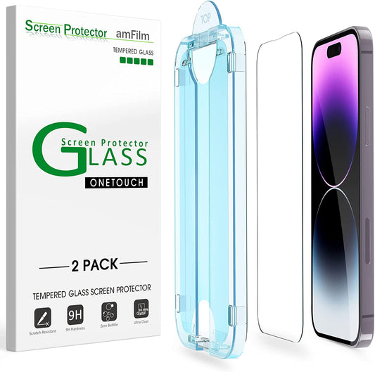 Amfilm Onetouch Glass Screen Protector Compatible for Iphone 14 Pro 6.1 Inch 2022, Easiest Installation, Dynamic Island Compatible, Bubble Free and Full Coverage Case Friendly, Tempered Glass, 2 Pack  TechMatte   