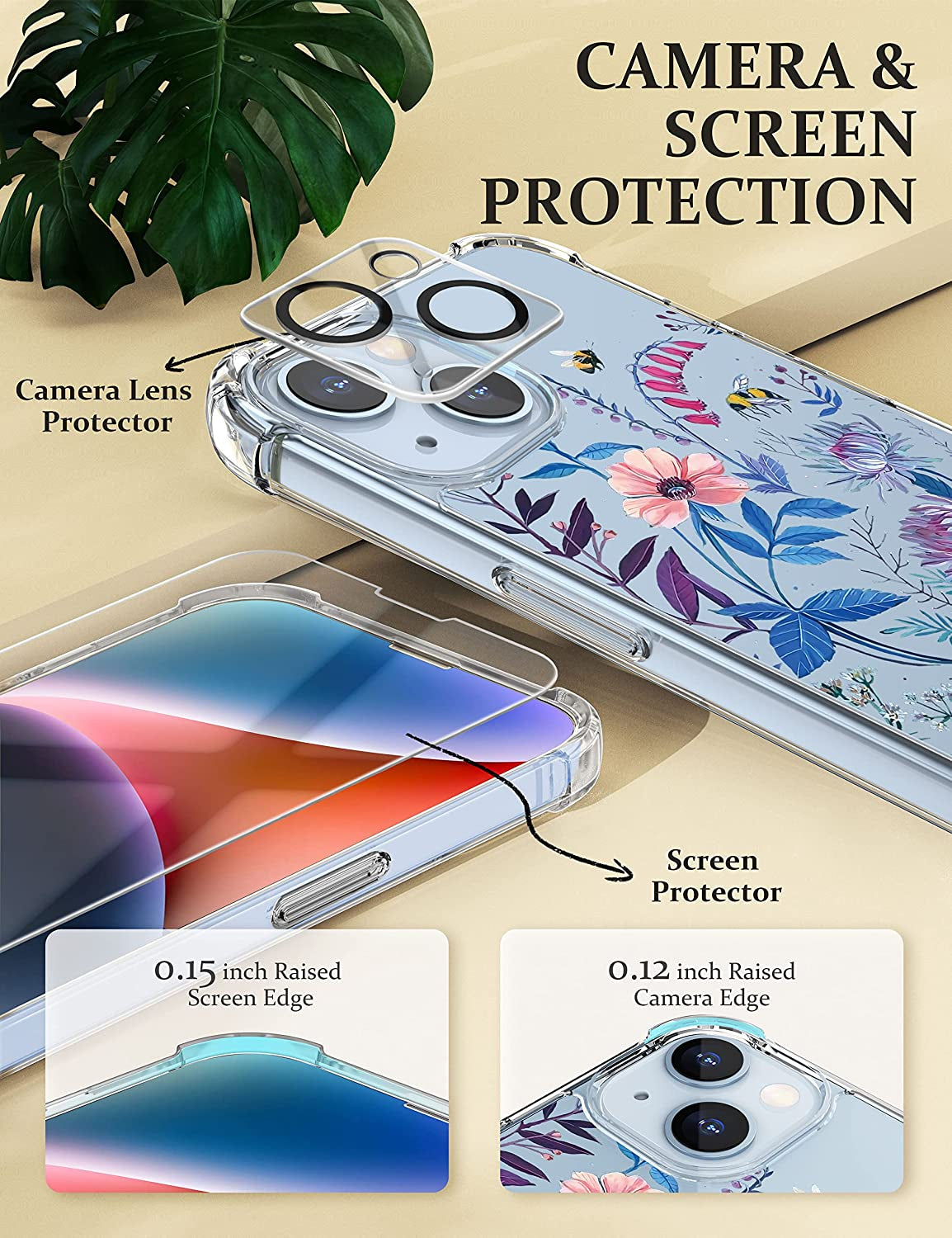 Cutebe [3 in 1 Crystal Phone Case for Iphone 13(2021)/Iphone 14(2022) 6.1", Cute Protective Cover with 9H Temper Glass Screen Protector + HD Temper Camera Lens Protector for Women, Girls  Cutebe   