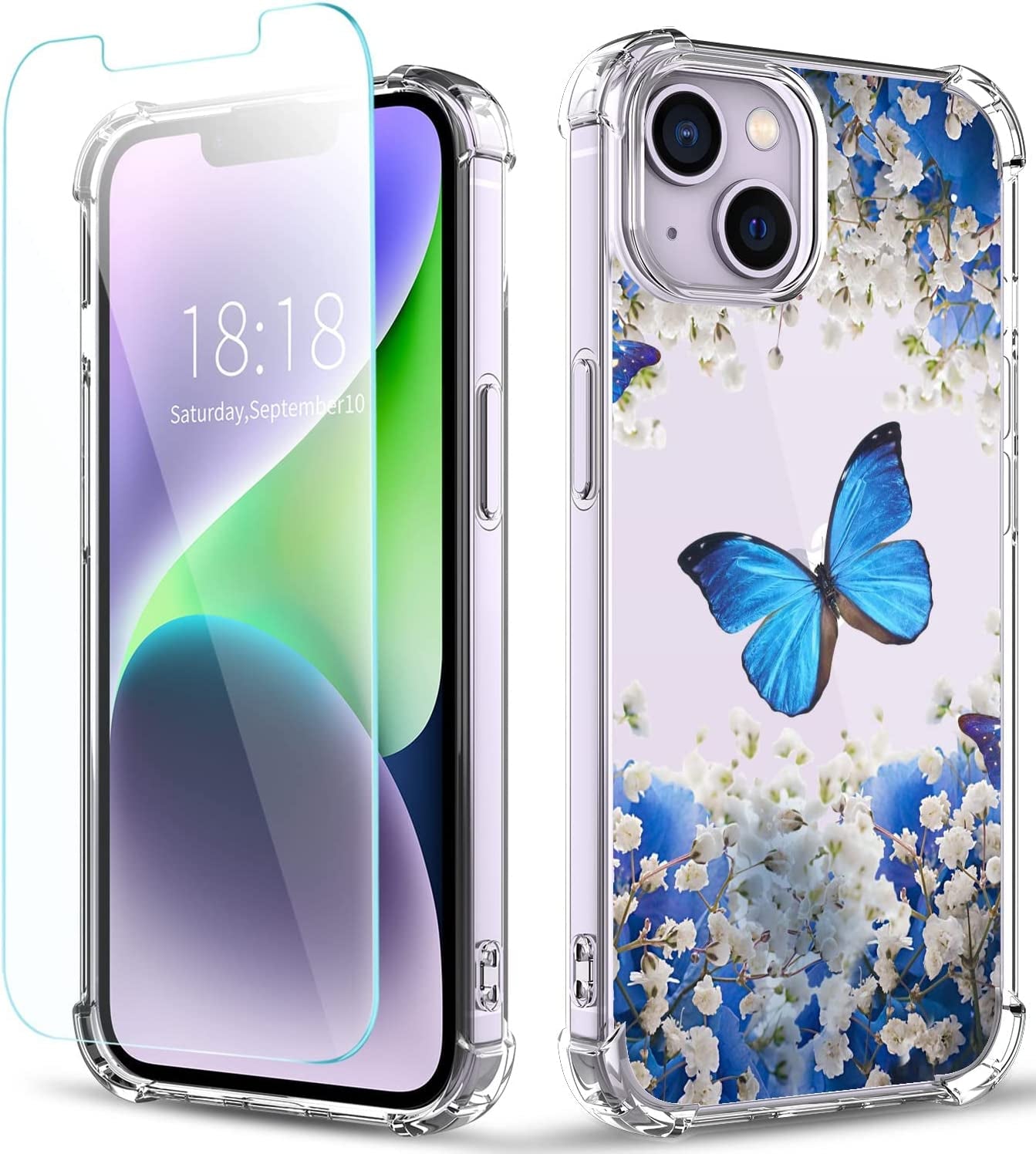 YOYORI Compatible with Iphone 14 Case with Screen Protector, Flower Pattern Design, Floral Clear Women Phone Case Shockproof Protective Soft TPU Bumper Cover 6.1 Inch 2022(Lavender/Purple)  YOYORI Butterfly/Blue  