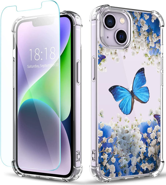 YOYORI Compatible with Iphone 14 Case with Screen Protector, Flower Pattern Design, Floral Clear Women Phone Case Shockproof Protective Soft TPU Bumper Cover 6.1 Inch 2022 (Butterfly/Blue)  YOYORI Butterfly/Blue  