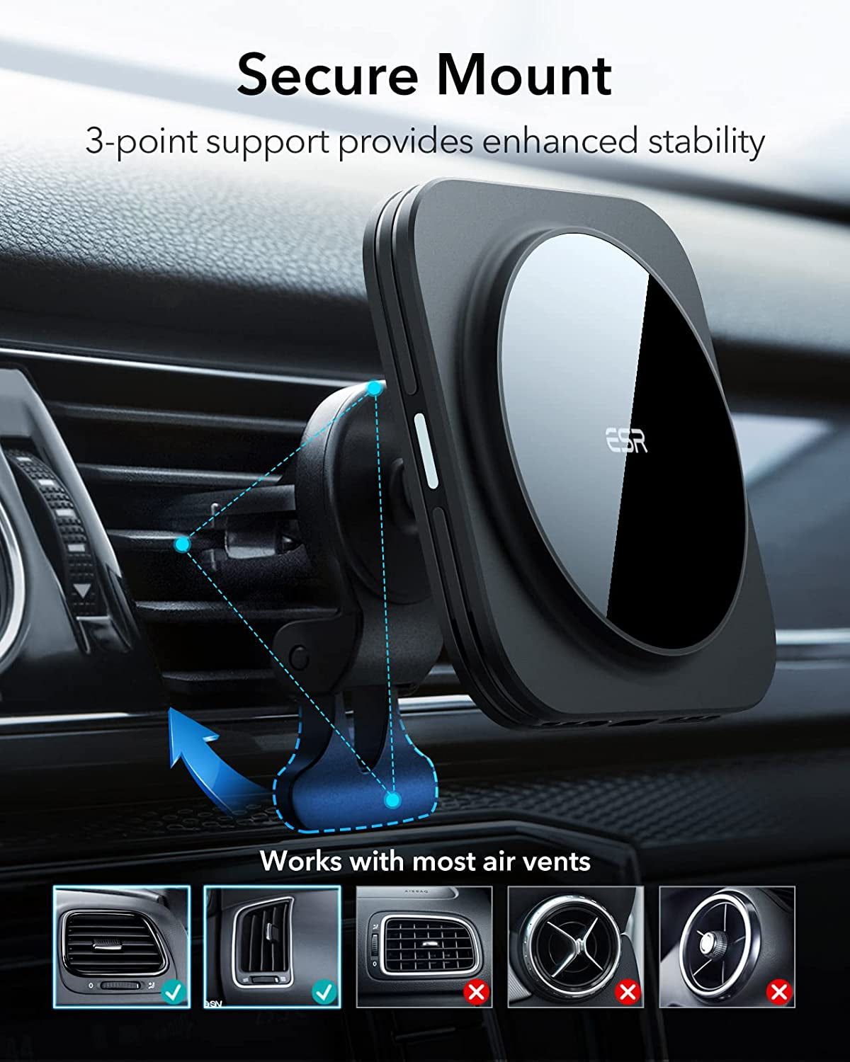 ESR Magnetic Wireless Car Mount Charger (Halolock), Compatible with Magsafe Car Charger, Air Vent Car Phone Holder for Iphone 14/13/12 Series, Car Accessories, Fast Charging, Strong Magnets, Black  Electronic Silk Road Corp   