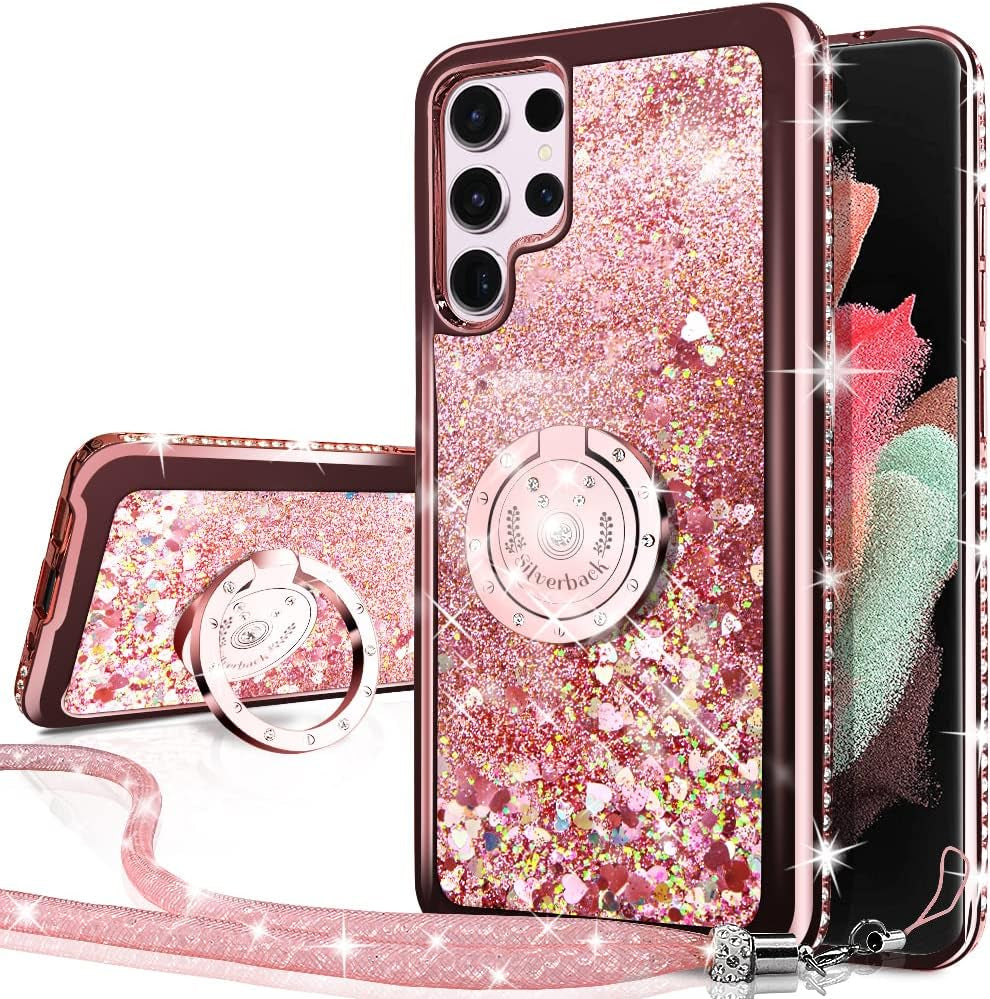 Silverback for Samsung Galaxy S22 Ultra Case, Moving Liquid Holographic Sparkle Glitter Case with Kickstand, Girls Women Bling Diamond Ring Slim Protective Case for Galaxy S22 Ultra 5G, Purple  Silverback inc Rose Gold  