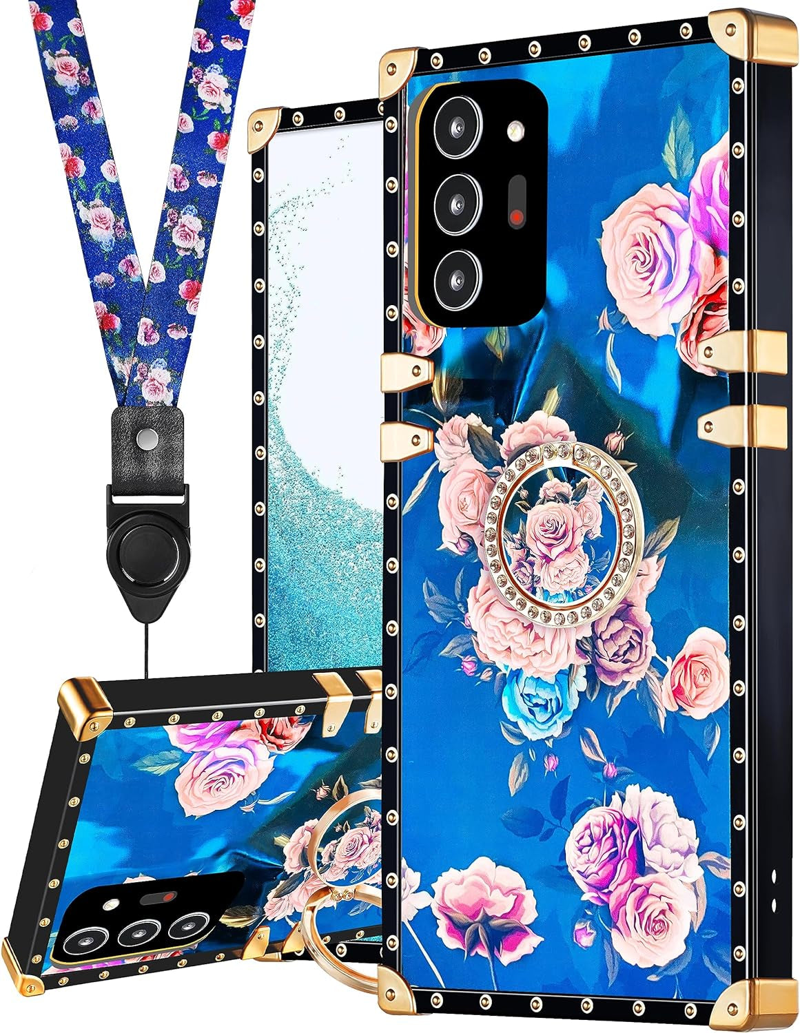 Loheckle for Samsung Galaxy Note 20 Ultra Case for Women, Designer Square Cases for Galaxy Note 20 Ultra with Ring Stand Holder and Lanyard, Stylish Bees Luxury Cover for Note 20 Ultra 6.9''  Loheckle Floral Samsung Galaxy Note 20 Ultra 