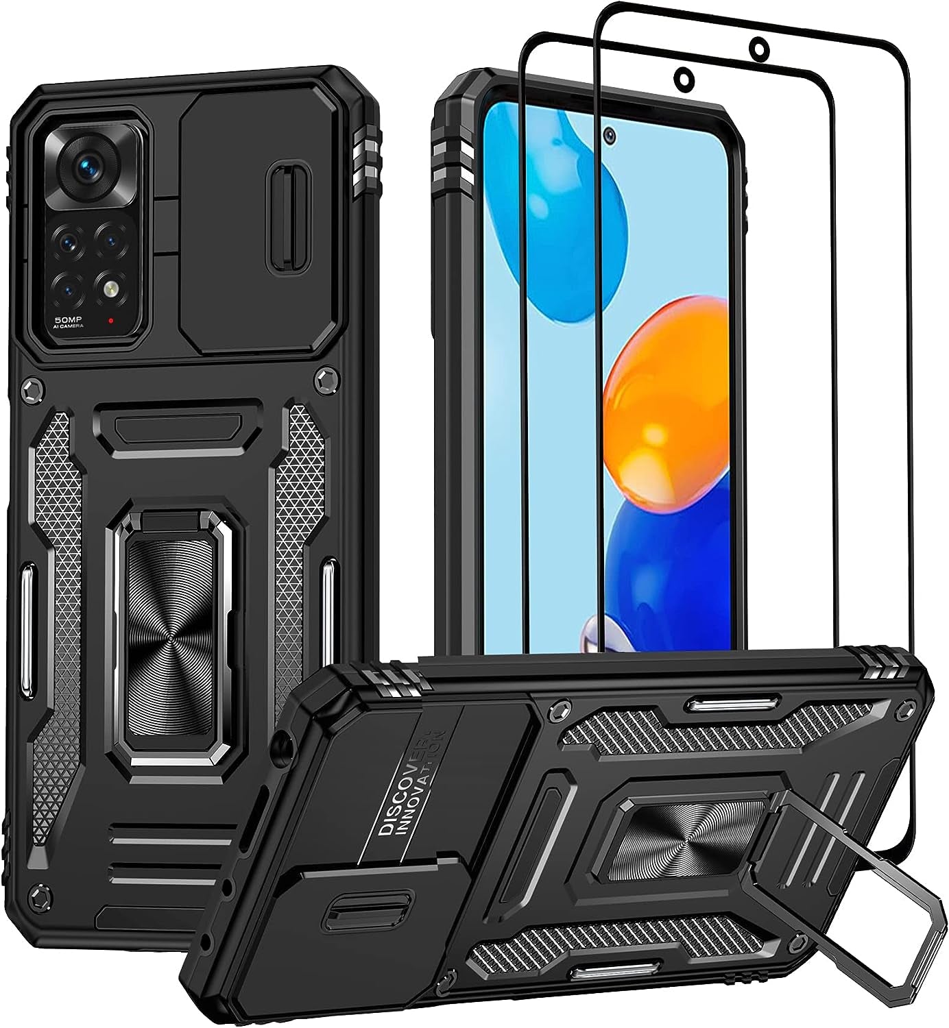 Wefor Xiaomi Redmi Note 11 (4G) Case with Slide Camera Cover, 360°Magnetic Ring Kickstand Upgraded Military Grade Shockproof Case with Magnetic Car Mount Holder (Navy Blue)  Wefor Black  