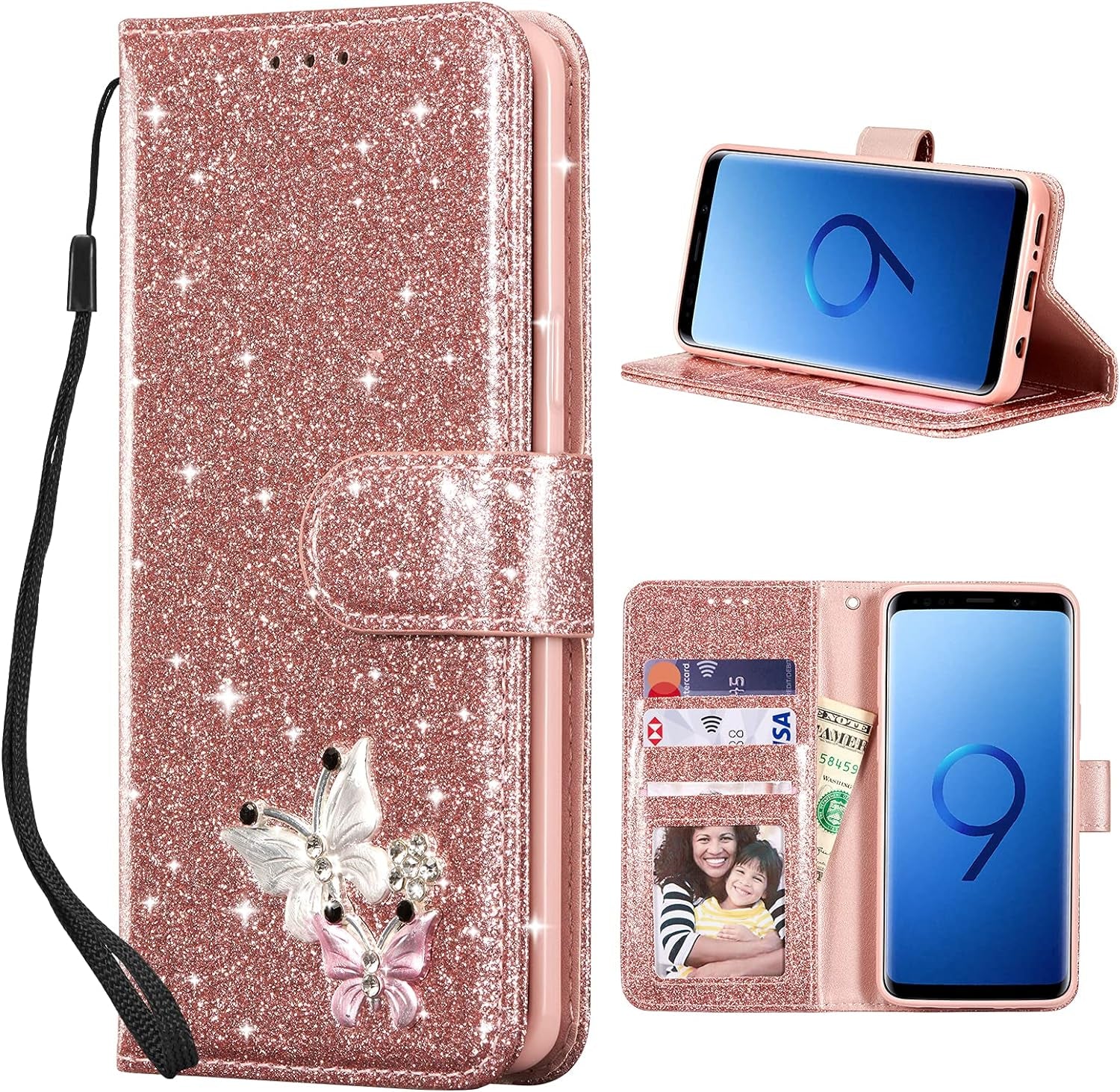 UEEBAI Wallet Case for Samsung Galaxy A53 5G, Premium Glitter PU Leather Phone Case Card Slots Kickstand Case Magnetic Closure Bling Handbag Case Shockproof Hand Strap Flip Cover - Glitter Purple  UEEBAI Rose Gold Samsung Galaxy S9 