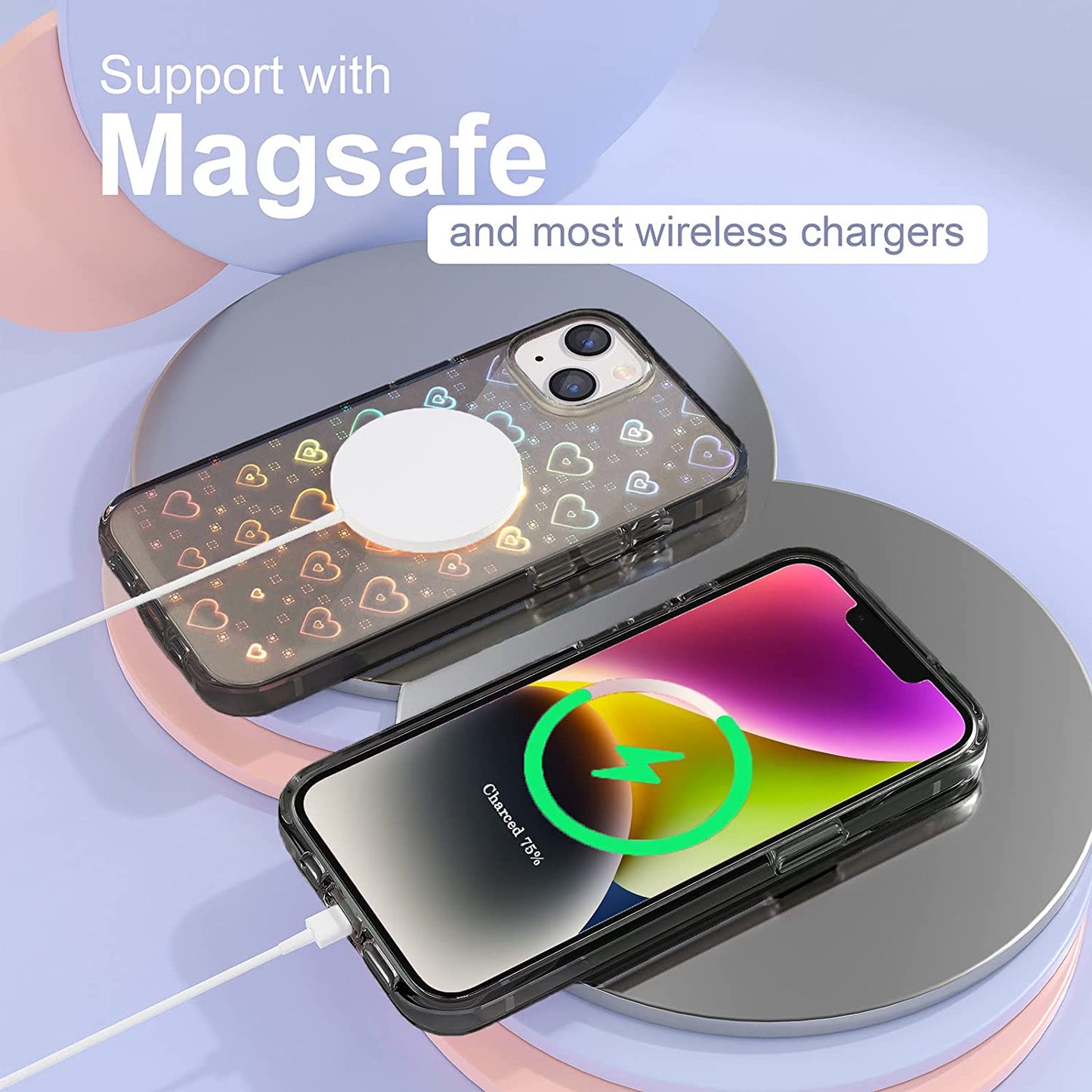 Tksafy Case Compatible Iphone 14 Case, Clear Glitter Cute Laser Holographic Love Heart Pattern for Women Girls, Anti-Yellow Hard PC Protective Phone Cover for Iphone 14 6.1-Inch 2022, Light Black  Tksafy   