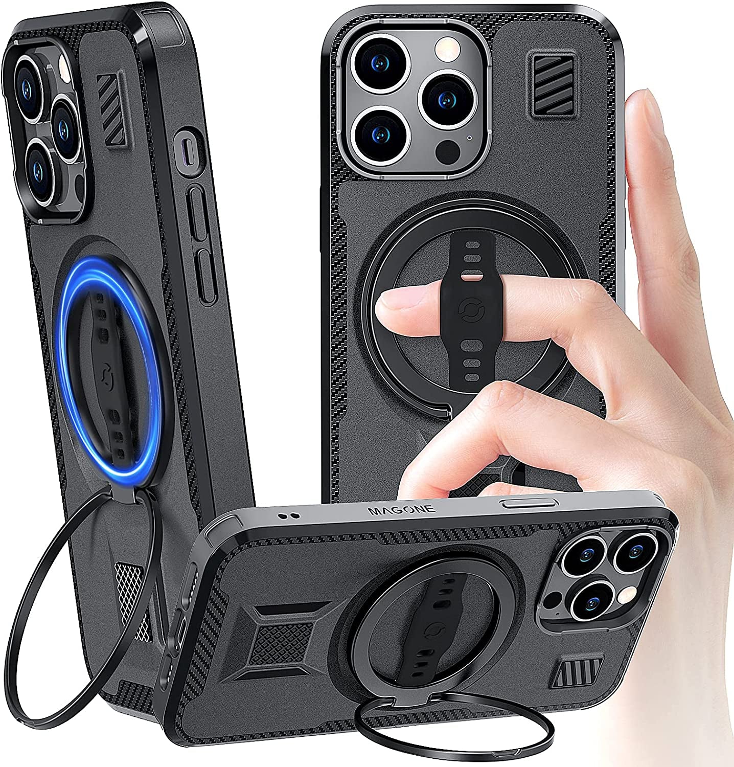EWA Magone Case Designed for Iphone 14 Pro Max Case Compatible with Magsafe with Ring Stand, Strap Grip, Dual Magnet Stick to Metal, Rugged Shockproof Protective (Black)  EWA   