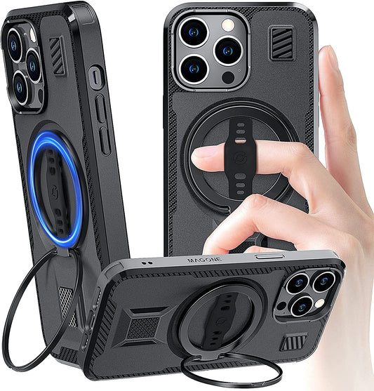 EWA Magone Case Designed for Iphone 14 Pro Max Case Compatible with Magsafe with Ring Stand, Strap Grip, Dual Magnet Stick to Metal, Rugged Shockproof Protective (Black)  EWA   